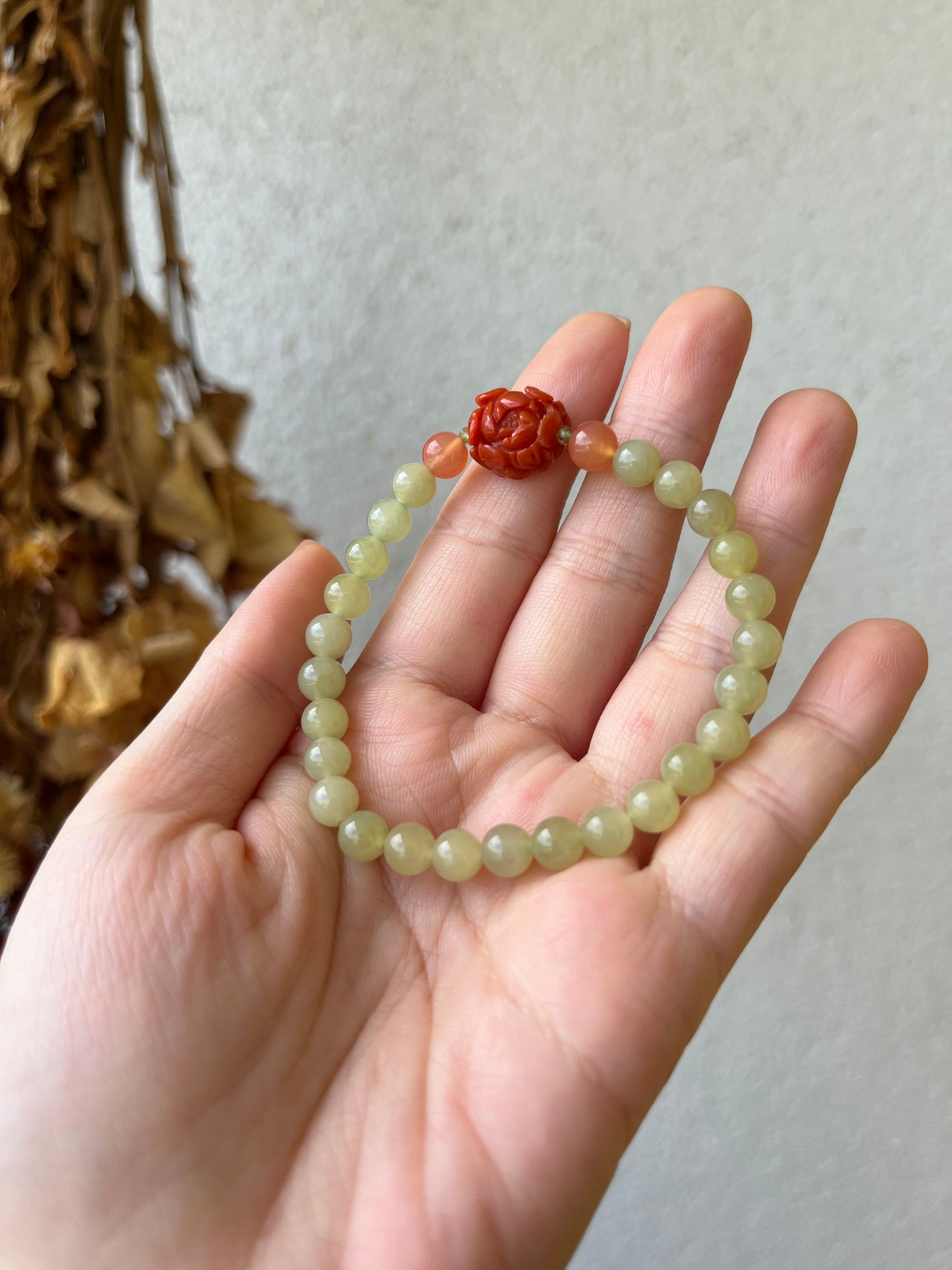 Bracelet with 6mm Hetian Jade Beads and a Nahong Agate Peony Flower