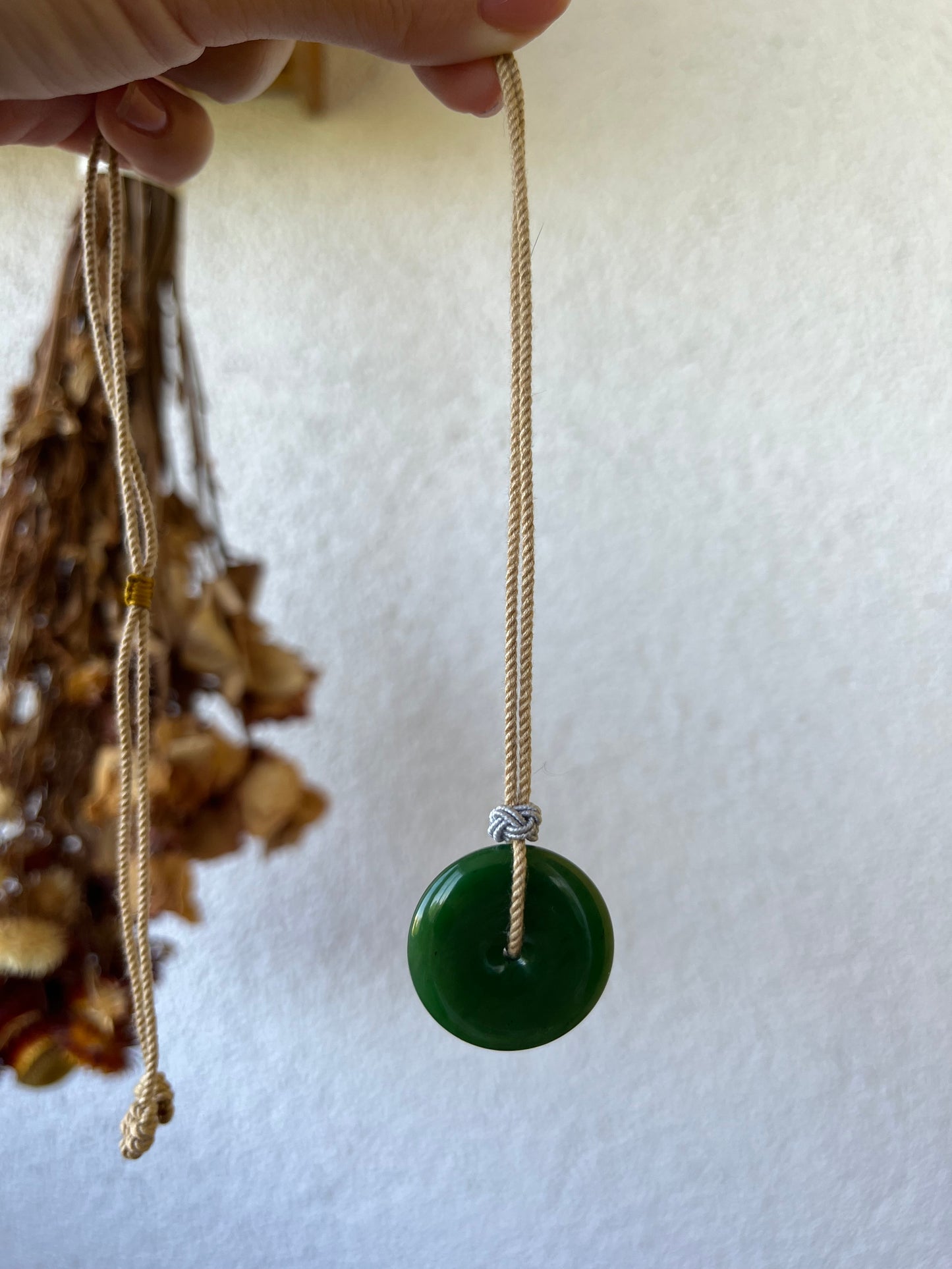 Green Hetian Jade Peace Buckle (Ping An Kou) Necklace, 碧玉平安扣