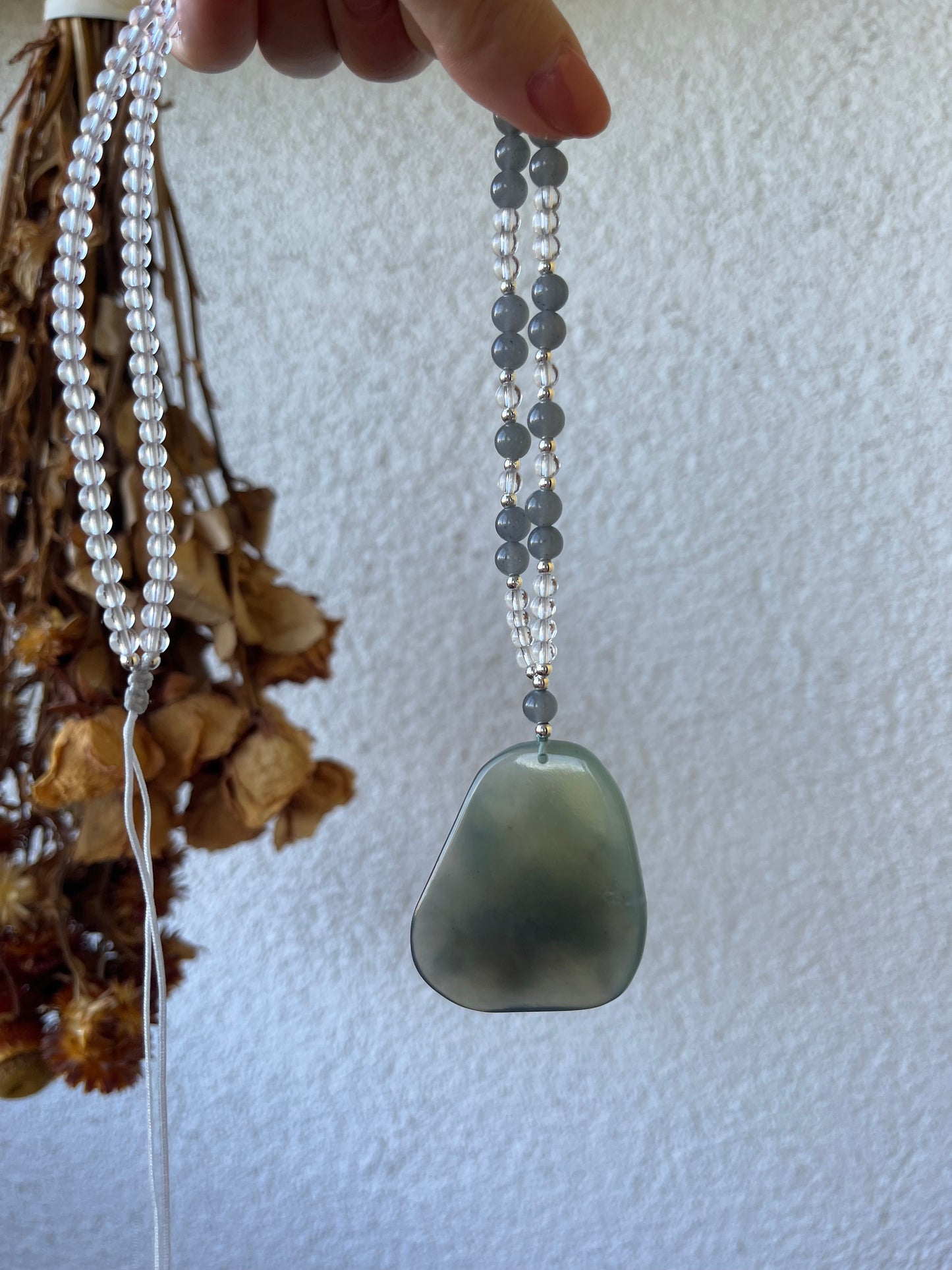 Hand Carved Icy Gray Xiu Jade Lotus Necklace