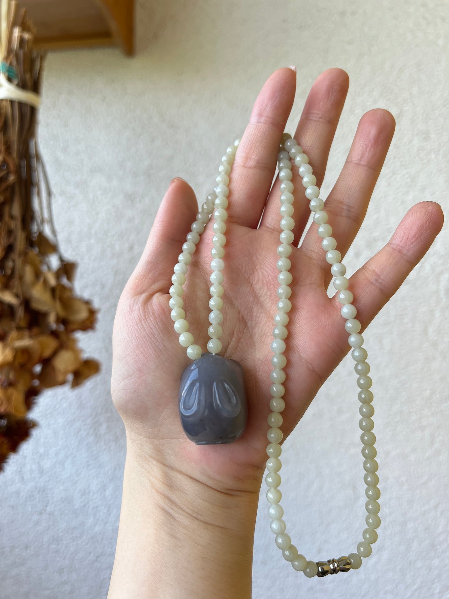 Chinese Zodiac - Handmade Necklace with a Hand Carved Purple Hetian Jade Rabbit and 5mm Hetian Jade Beaded Cord
