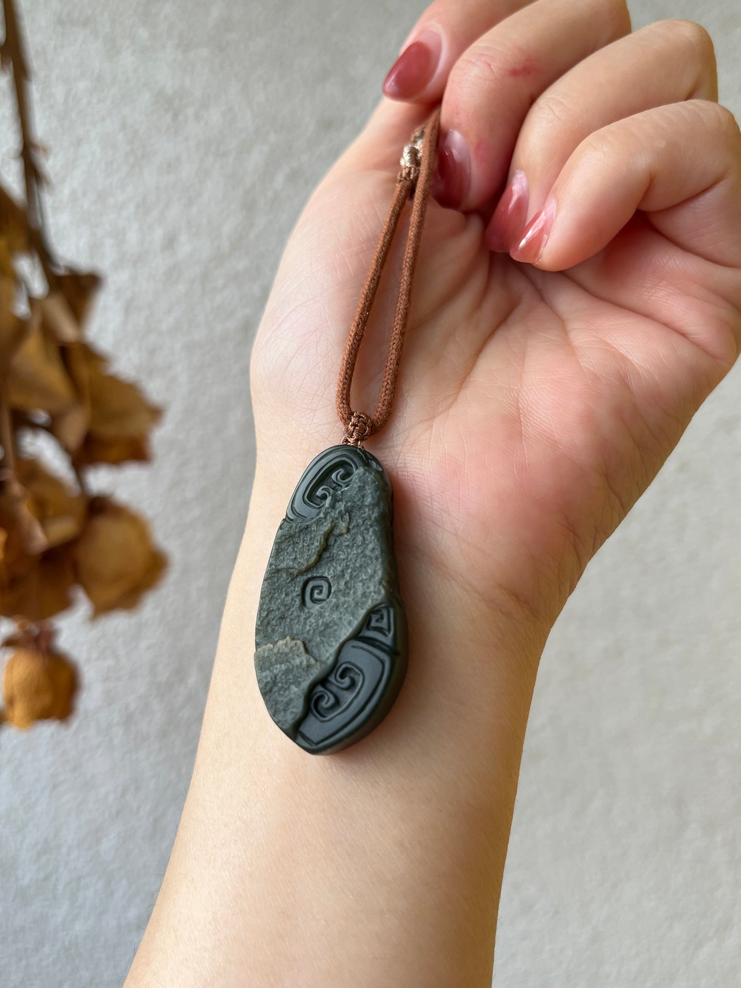 Hand Carved Ancient Style Dark Green Hetian Jade Pendant | 手雕青玉一细带皮仿古牌