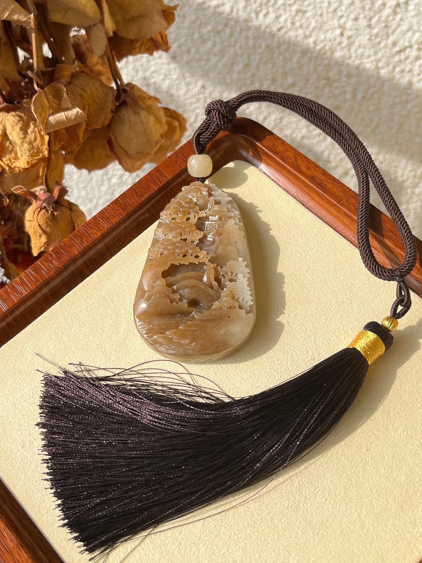 Hand Carved Brown and White Hetian Jade Landscape Pendant | 手雕糖白和田玉山水手把件