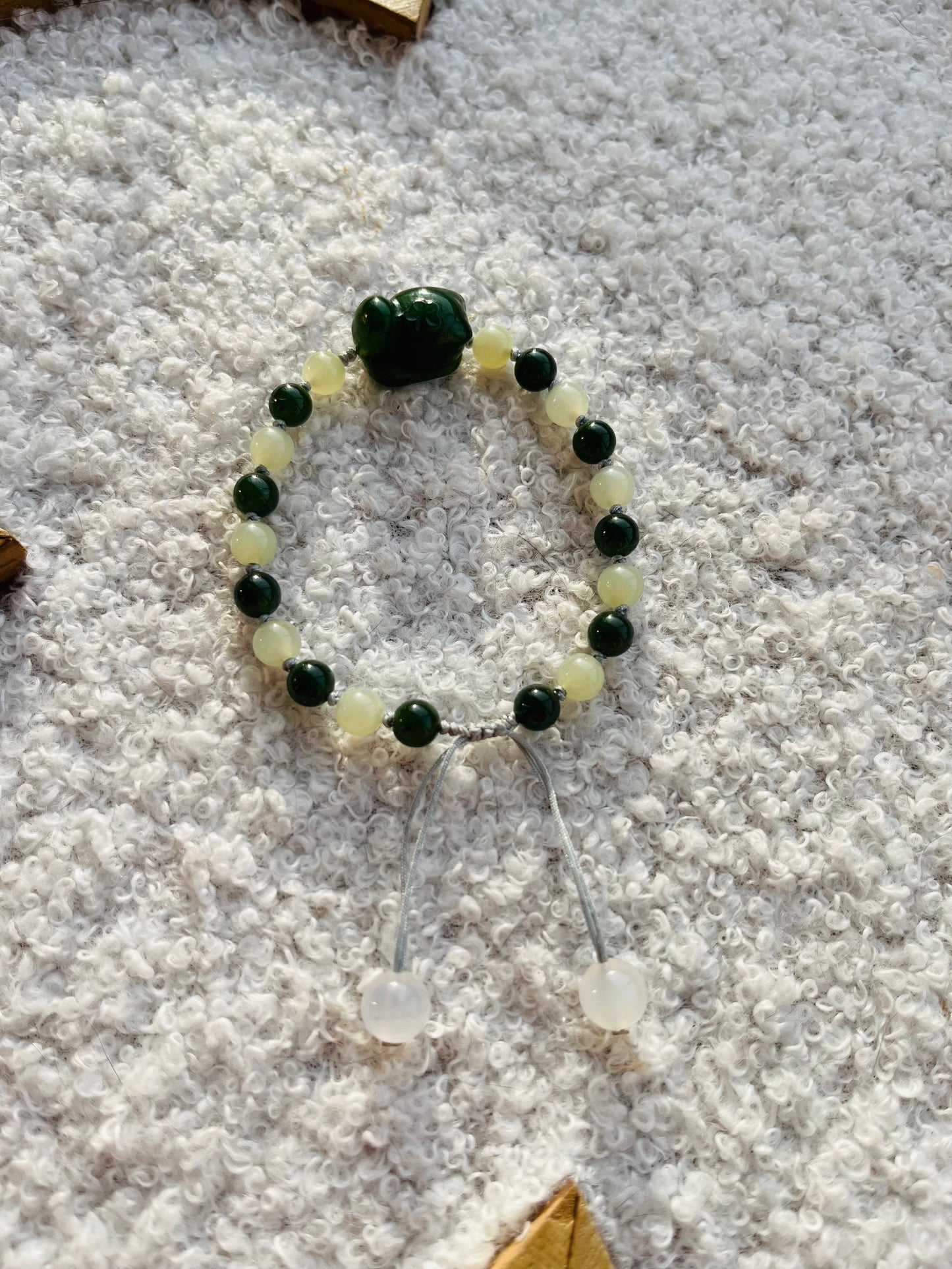 Handmade Bracelet with 6mm Green and Yellow Hetian Jade Beads and Hand Carved Green Hetian Jade Cat
