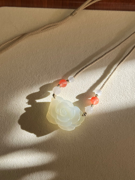 Hand Carved Hetian Jade Rose Pendant