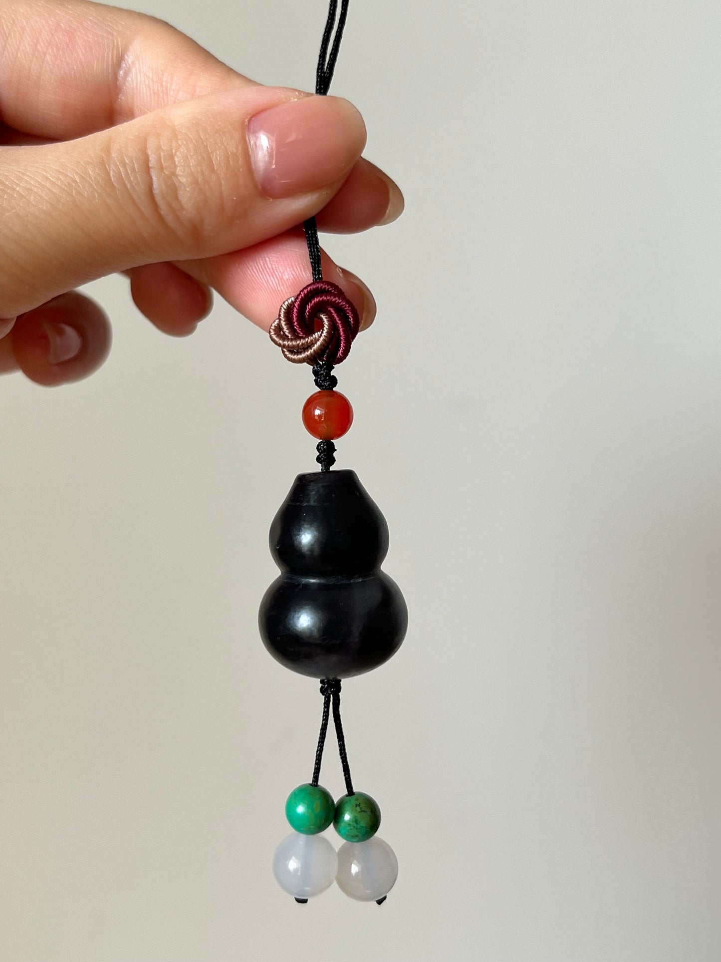 Handmade Phone Charm / Bag Charm with a Carved Black Hetian Jade Hulu