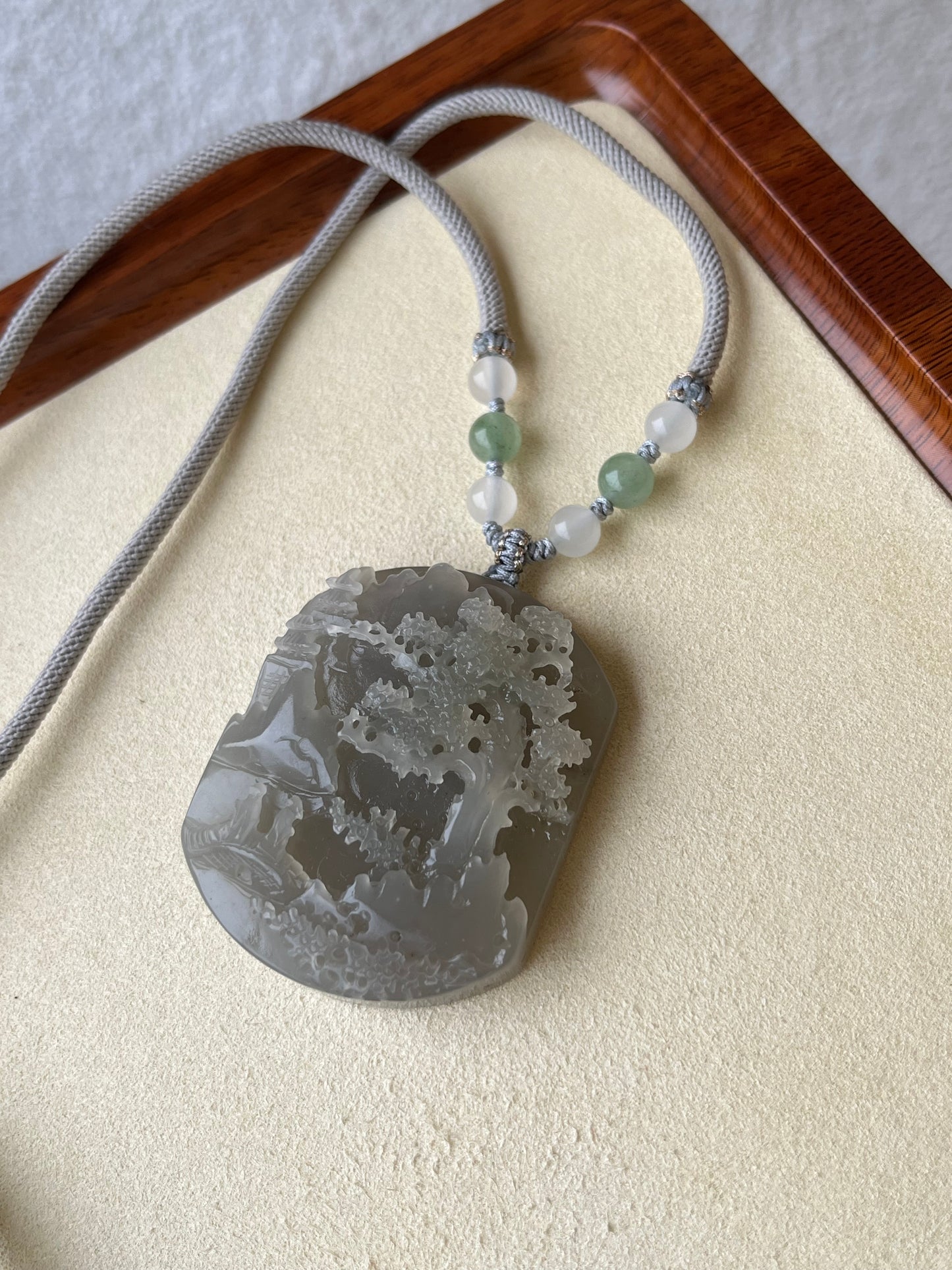 Hand Carved Grayish Purple Hetian Jade Landscape | 和田烟紫山水