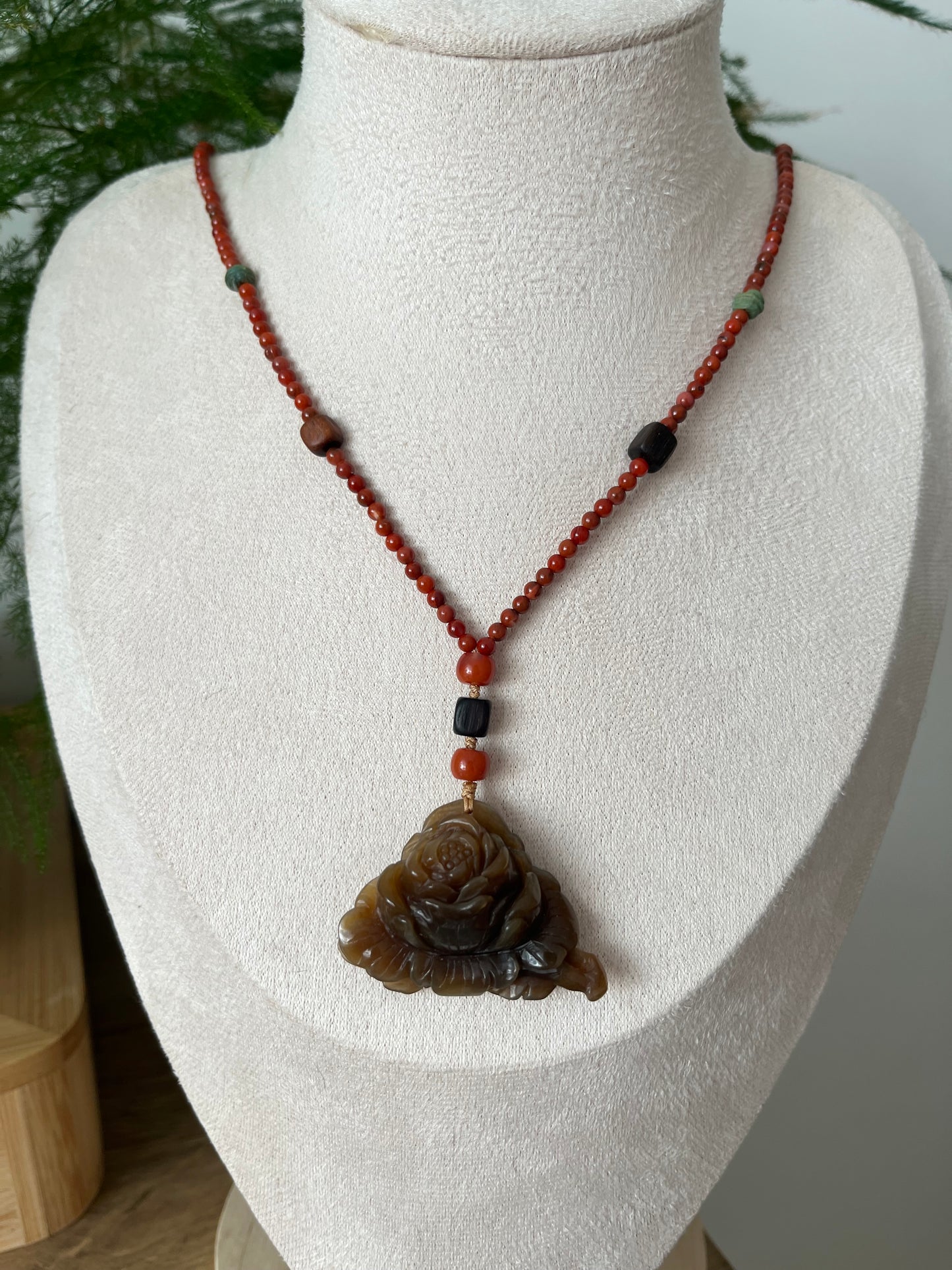 Hand Carved Brown Hetian Jade Peony Flower Pendant