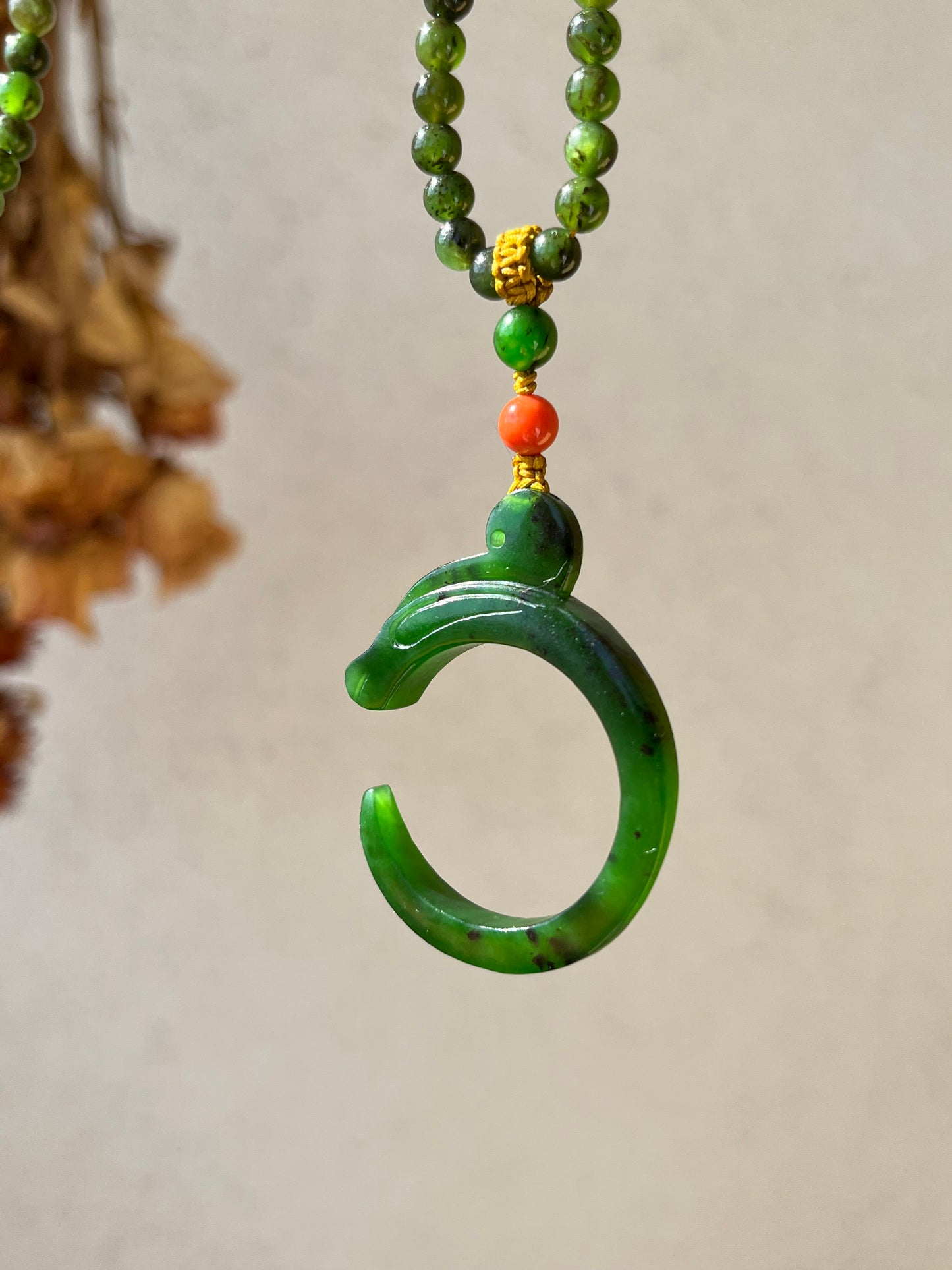 Red-skinned old mine Green Hetian Jade Pig Dragon Set, 红皮老矿俄碧玉猪龙套链