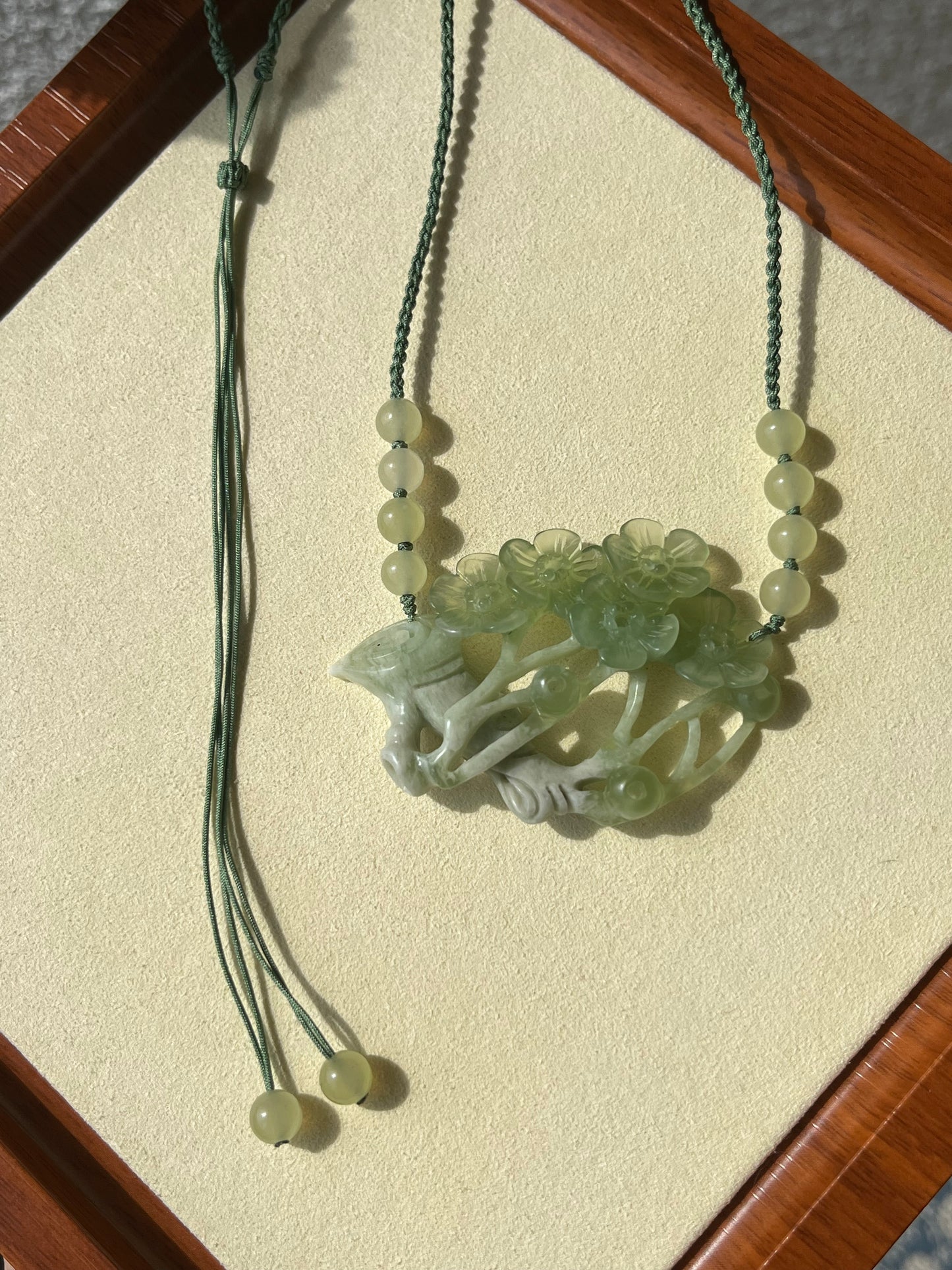 Hand Carved Green Xiu Jade Plum Blossom