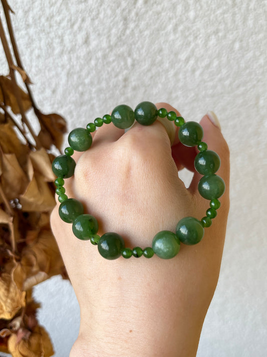 Green Hetian Jade Beaded Bracelet, 10mm & 4mm