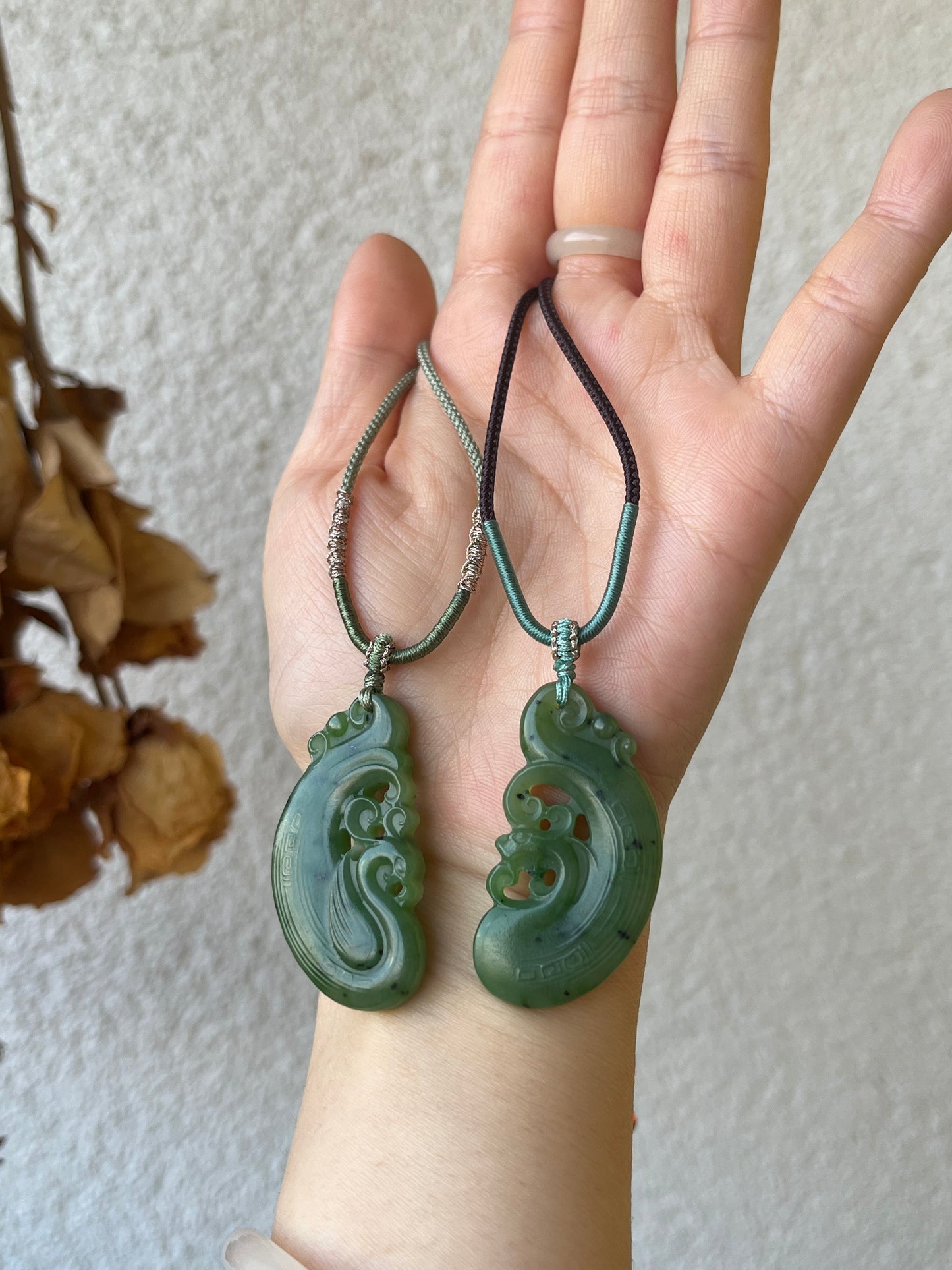 Green Hetian Jade Dragon and Phoenix Pair Pendants | 和田碧玉龙凤对牌