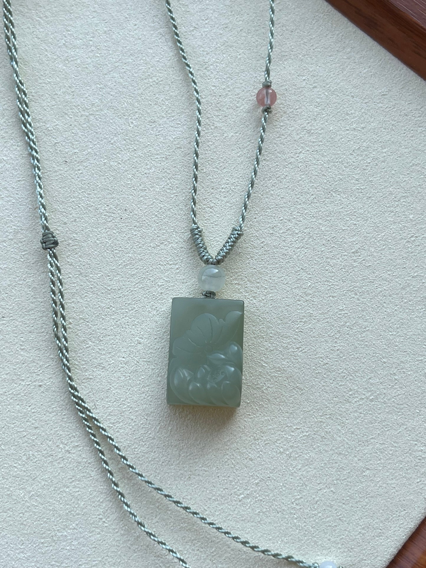 Necklace Crafted from Hand Carved Hetian Jade Lotus | 和田微带翠荷花牌