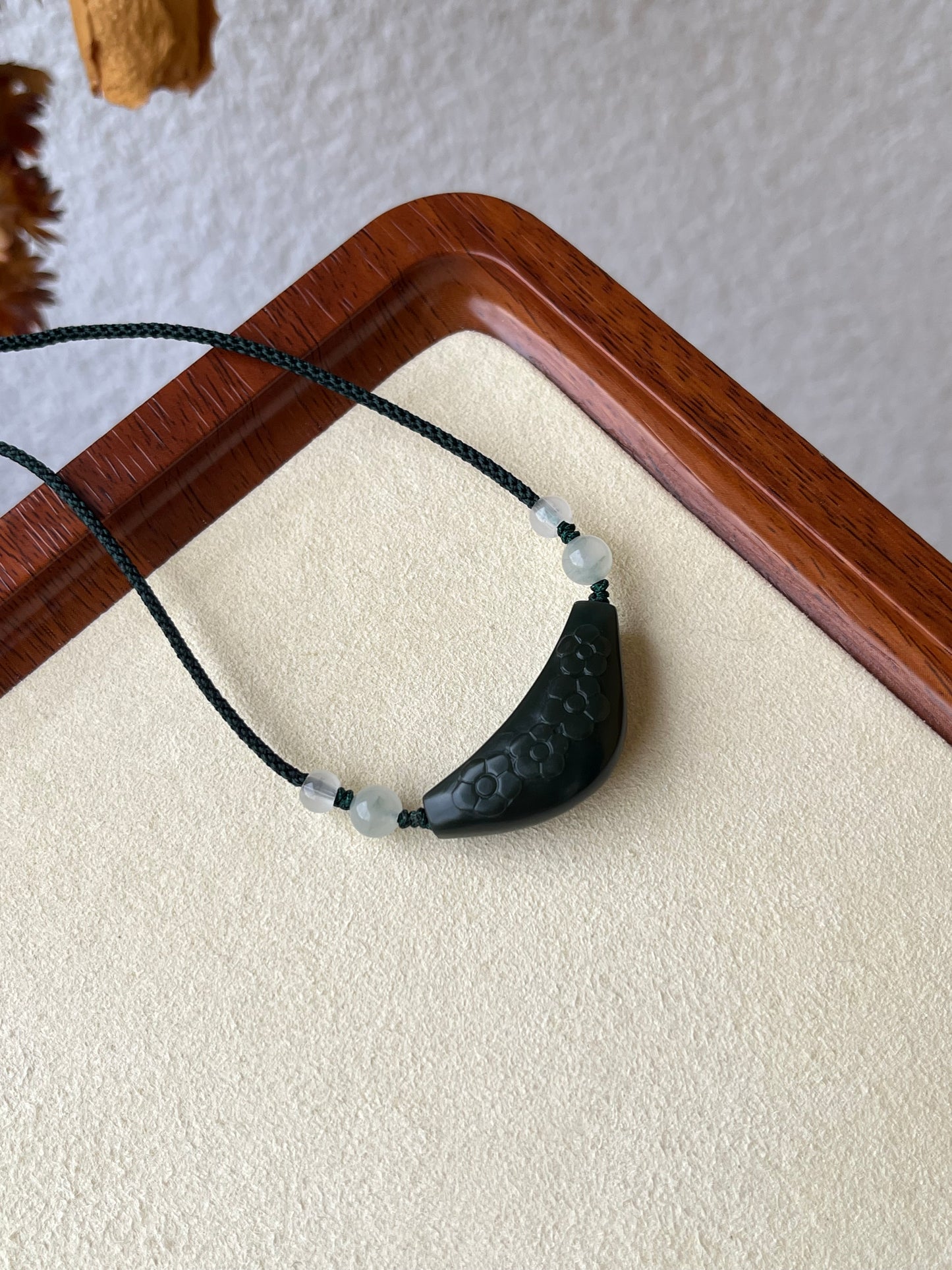 Hand Carved Premium Dark Green (Cyan) Hetian Jade Plum Blossom Set  | 手雕和田青玉一细梅花锁骨，手牌