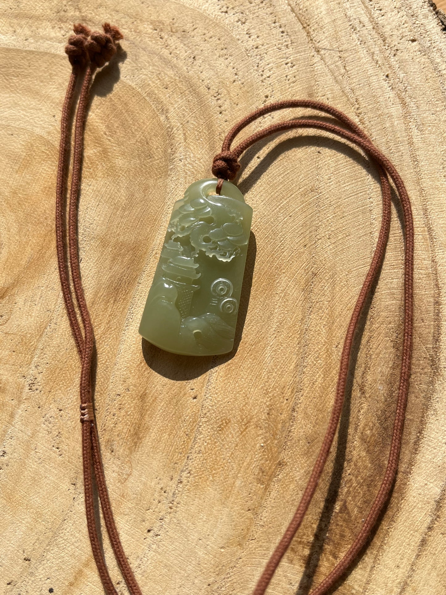Hand Carved Greenish Yellow Hetian Jade Landscape Pendant, 手雕青黄口山水
