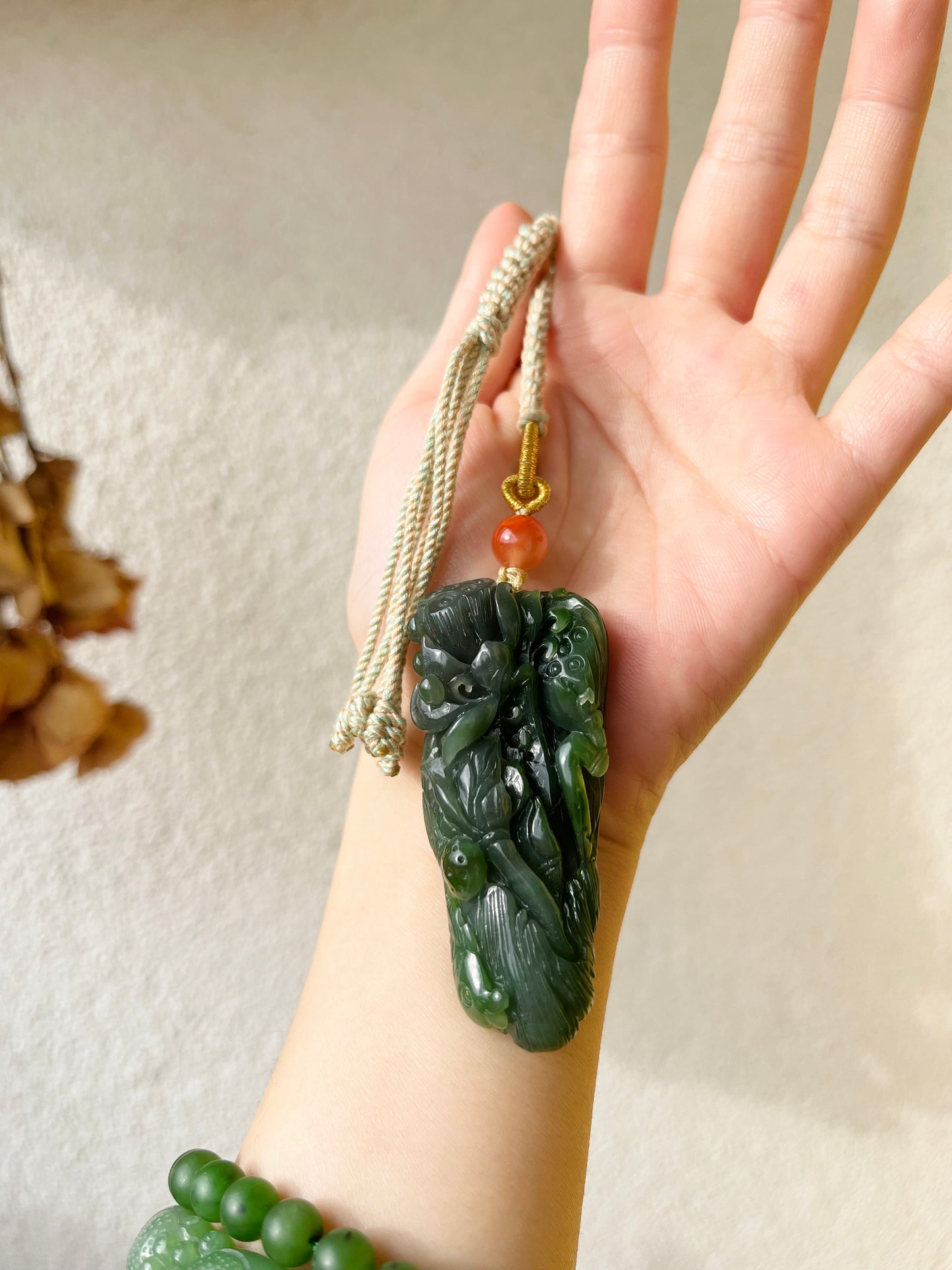 Hand Carved Green Hetian Jade Fish and Lotus Pendant, 手雕碧玉荷花鱼手把件