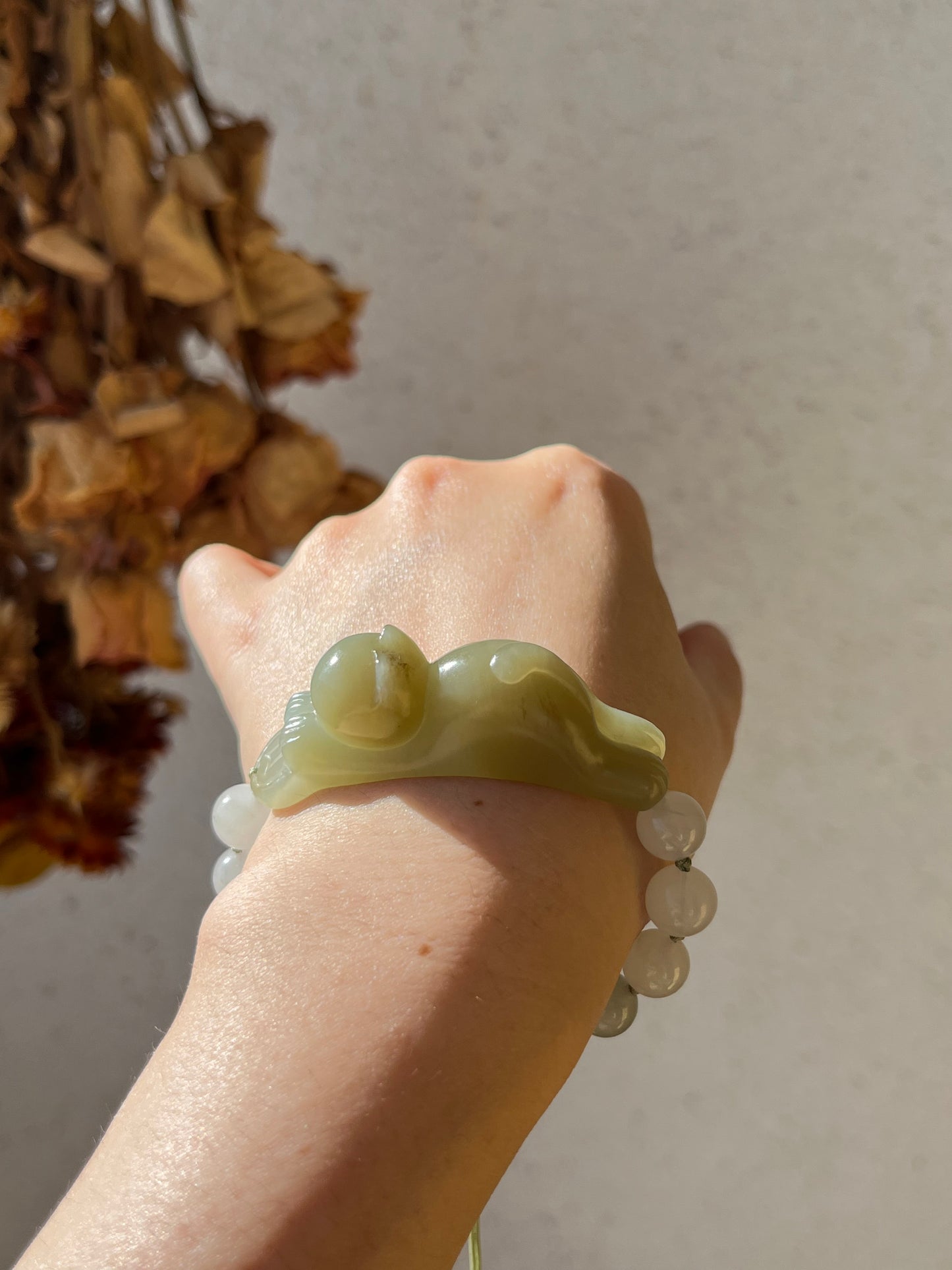 Handwoven Bracelet with a Hand Carved Nephrite Jade Lucky Cat Pendant, 手编和田可爱趴趴招财猫手牌