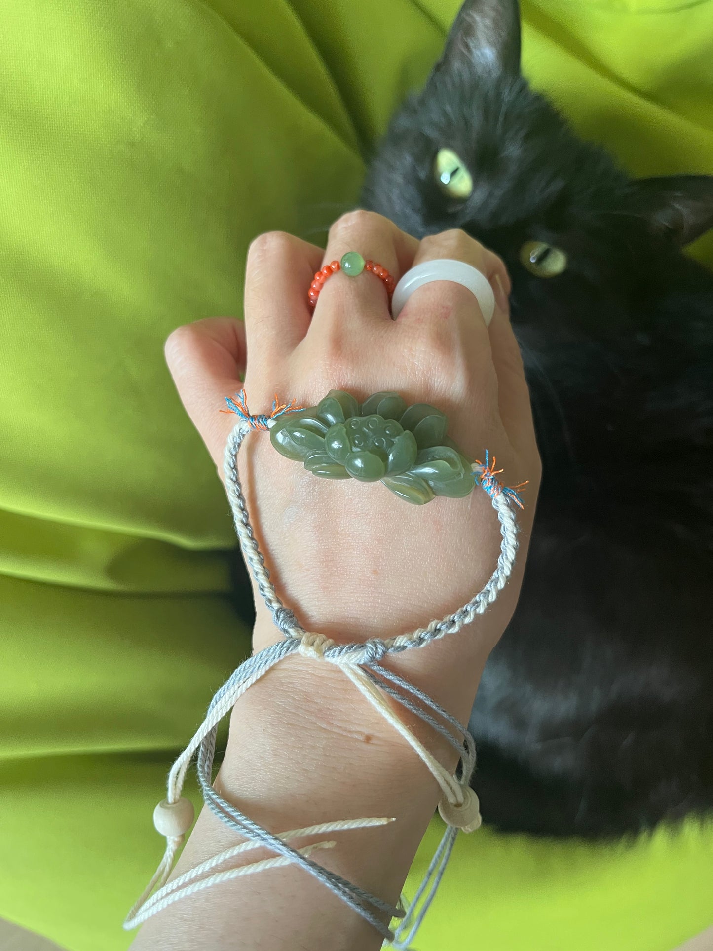 Handmade Bracelet with a Hand Carved Green Hetian Jade Lotus Pendant