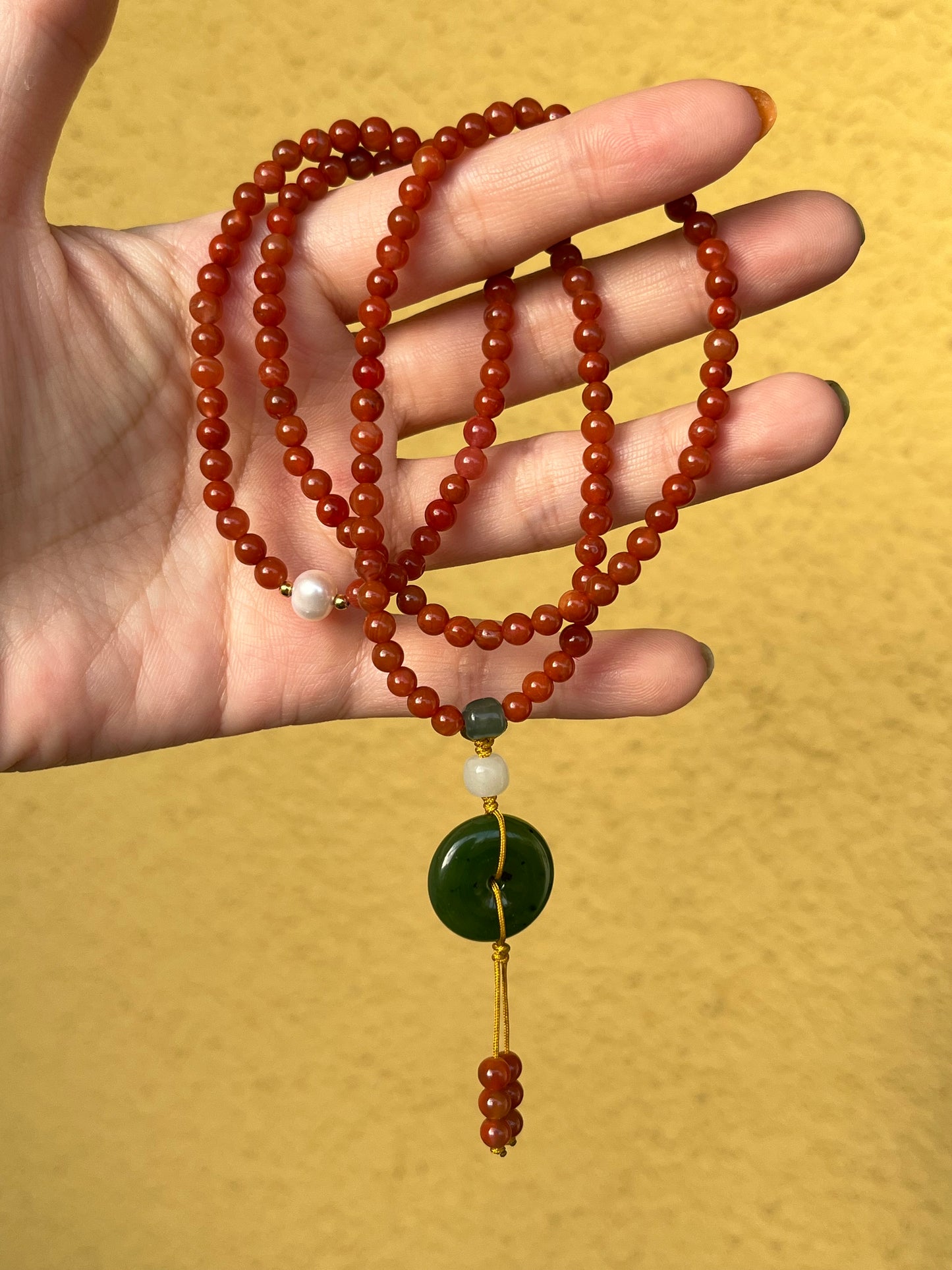 Multi-Function Three Loop Southern Red Agate Beaded Bracelet with a Green Hetian Jade PI pendant (ping an kou), 南红多圈手串加碧玉平安扣
