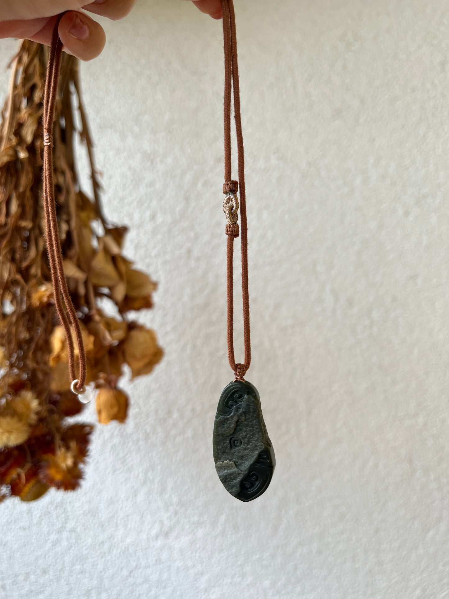 Hand Carved Ancient Style Dark Green Hetian Jade Pendant | 手雕青玉一细带皮仿古牌