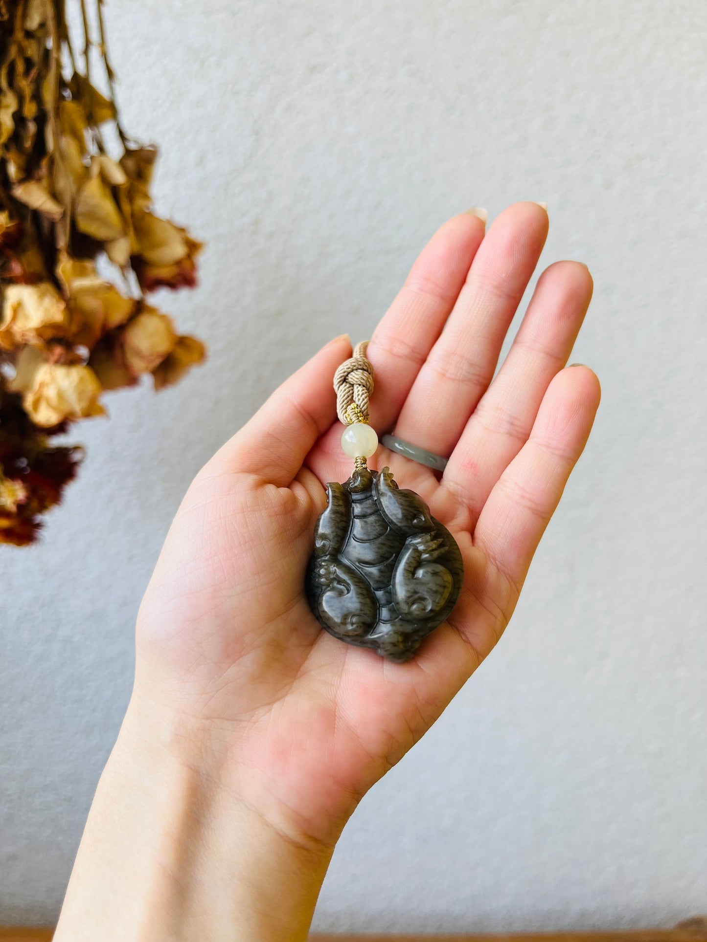 Hand Carved Brown Hetian Jade Dragon Turtle，手雕和田龙龟