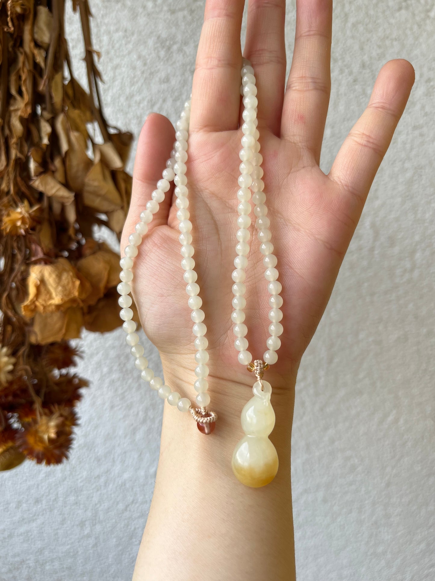 Necklace Crafted from White and Brown Hetian Jade Hulu and 5mm White Hetian Jade Beads