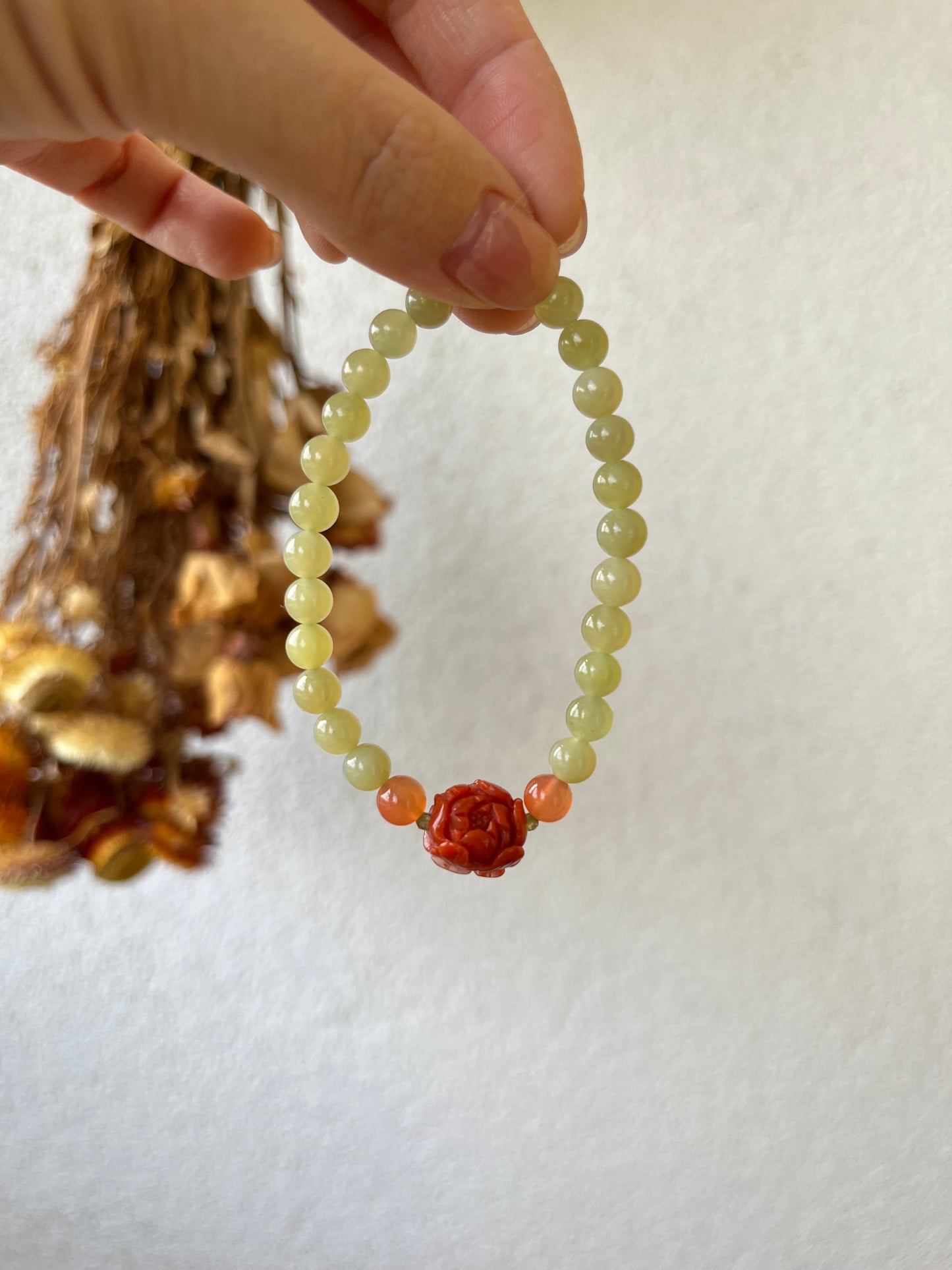 Bracelet with 6mm Hetian Jade Beads and a Nahong Agate Peony Flower