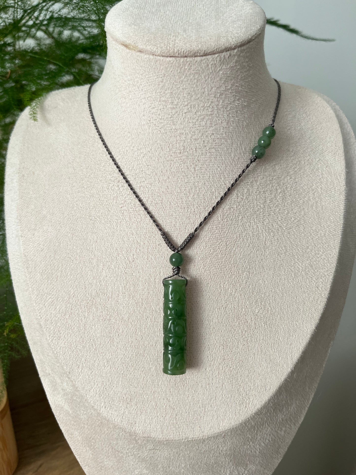 Cylindrical Green Hetian Jade Pendant Carved with Antique Pattern