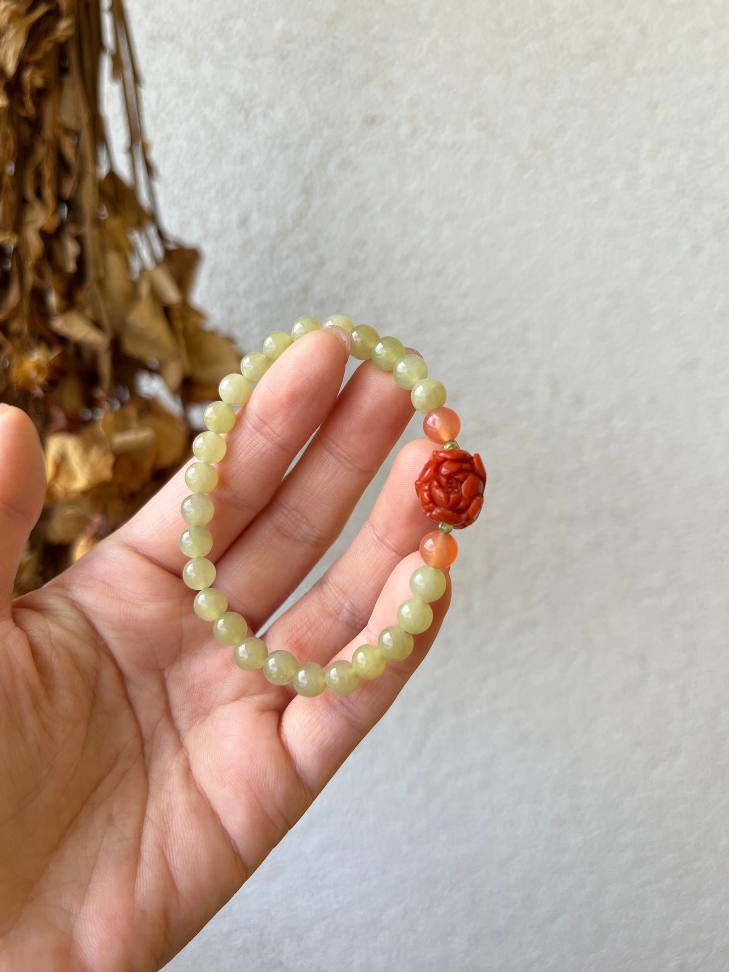 Bracelet with 6mm Hetian Jade Beads and a Nahong Agate Peony Flower