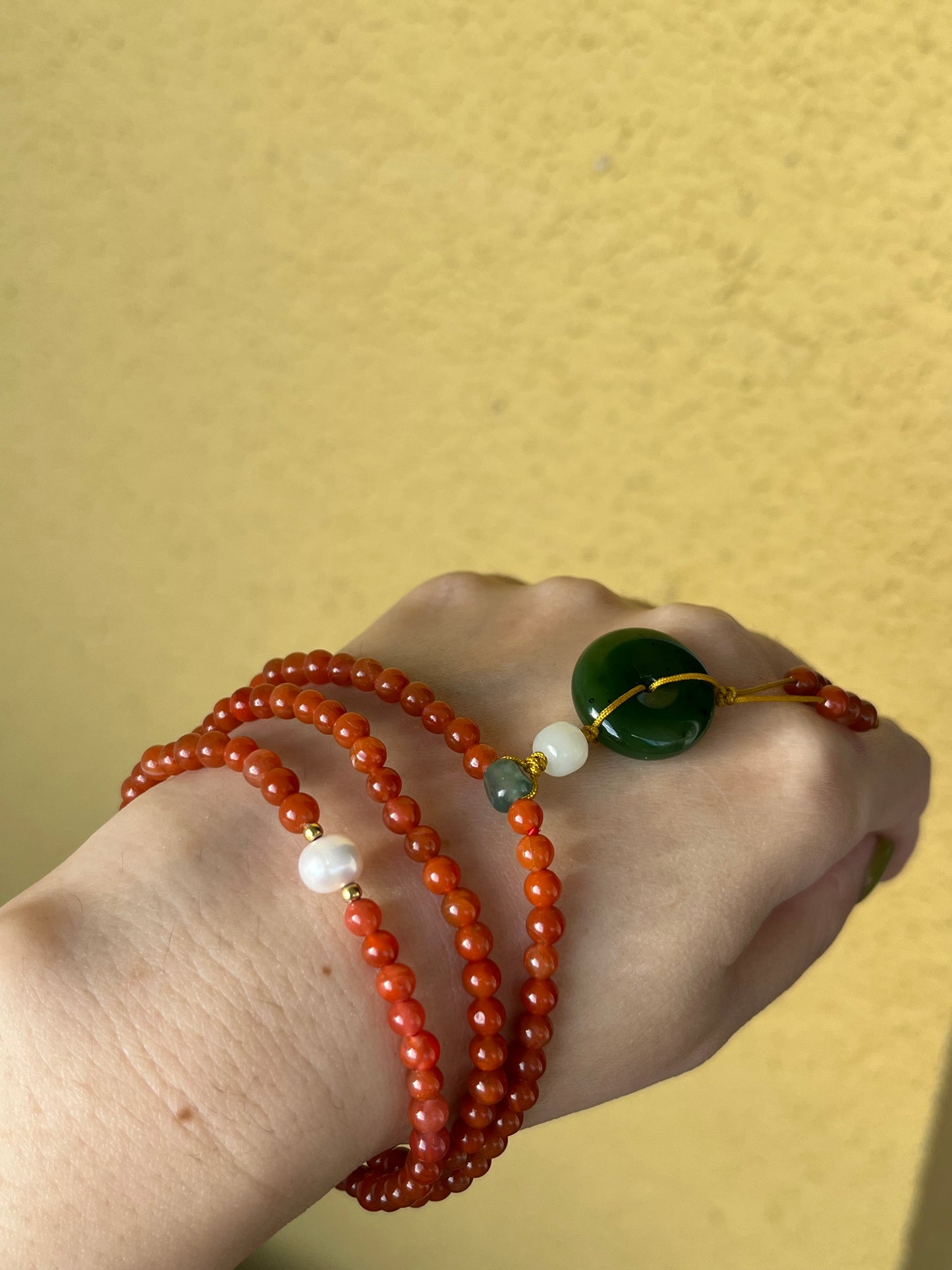 Multi-Function Three Loop Southern Red Agate Beaded Bracelet with a Green Hetian Jade PI pendant (ping an kou), 南红多圈手串加碧玉平安扣