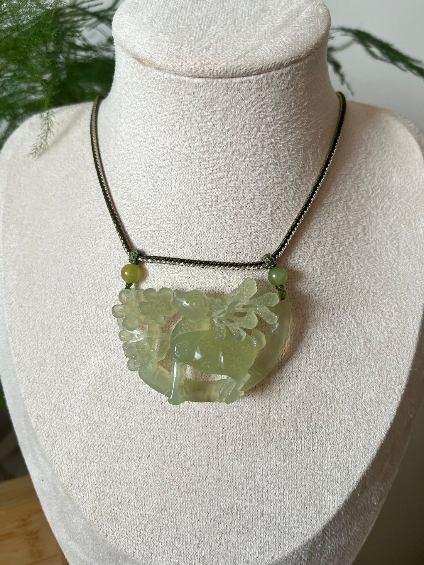 Hand Carved Icy Light Green Xiu Jade Sika Deer | 手雕岫玉梅花鹿