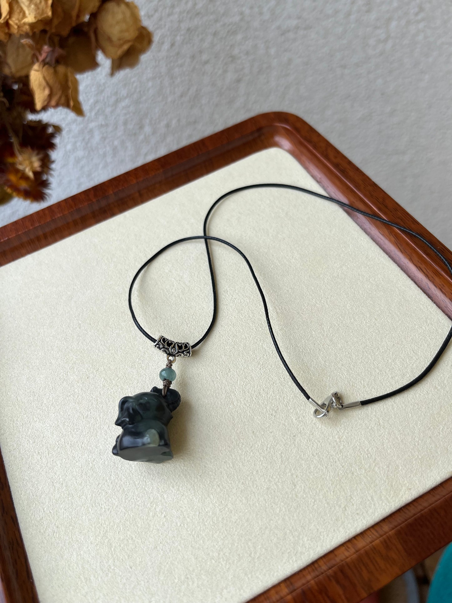Cute Black Hetian Jade (Qinghua) Elephant Necklace