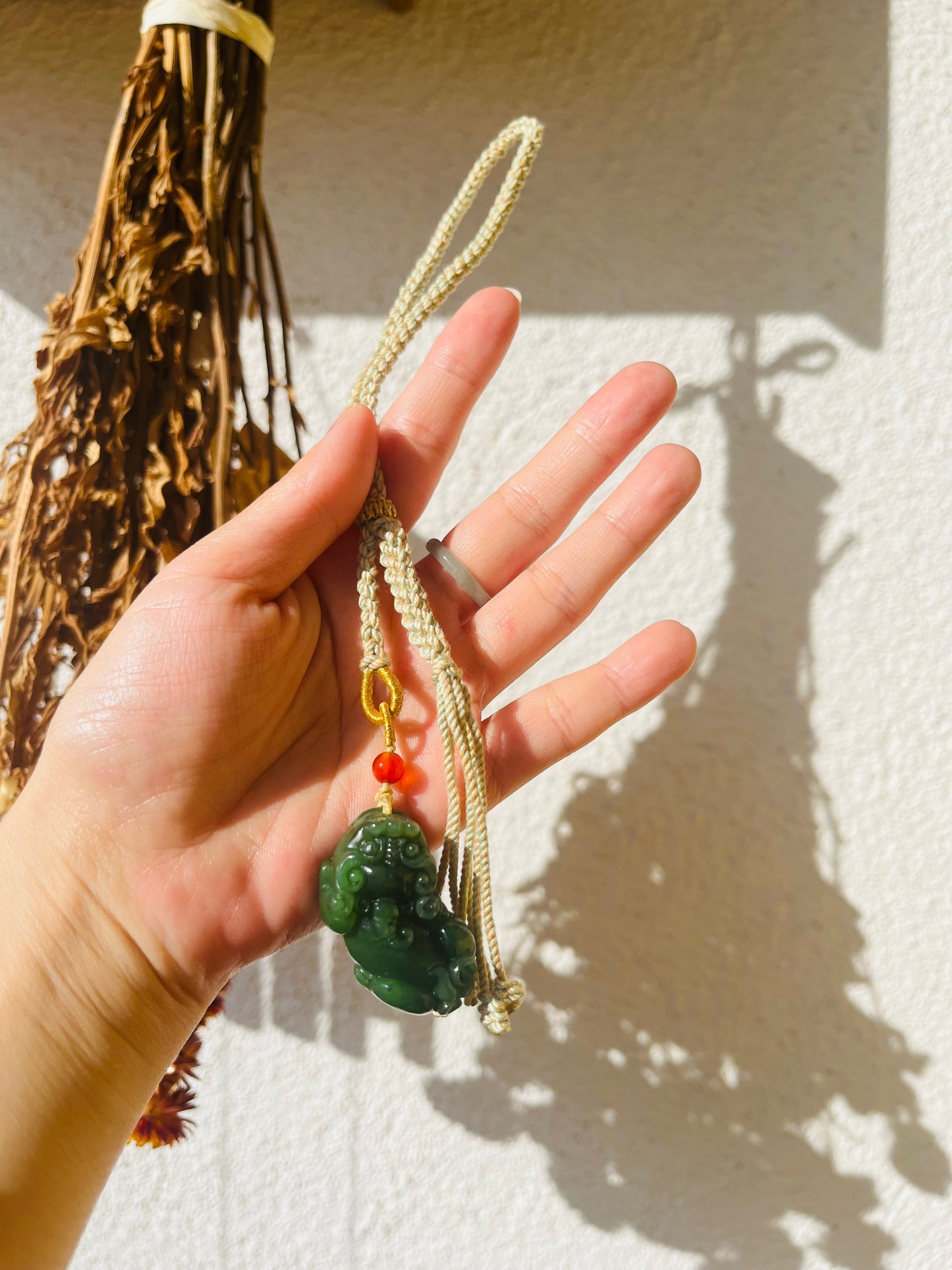 Handmade Bag Charm with a Carved Hetian Green Jade Pixiu, 碧玉貔貅包挂
