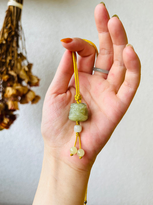 Carved Yellow Hetian Jade Chinese Lion Dance Head Pendant