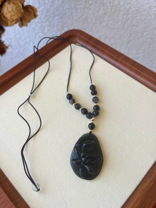 Hand Carved Black Xiu Jade Lotus Necklace
