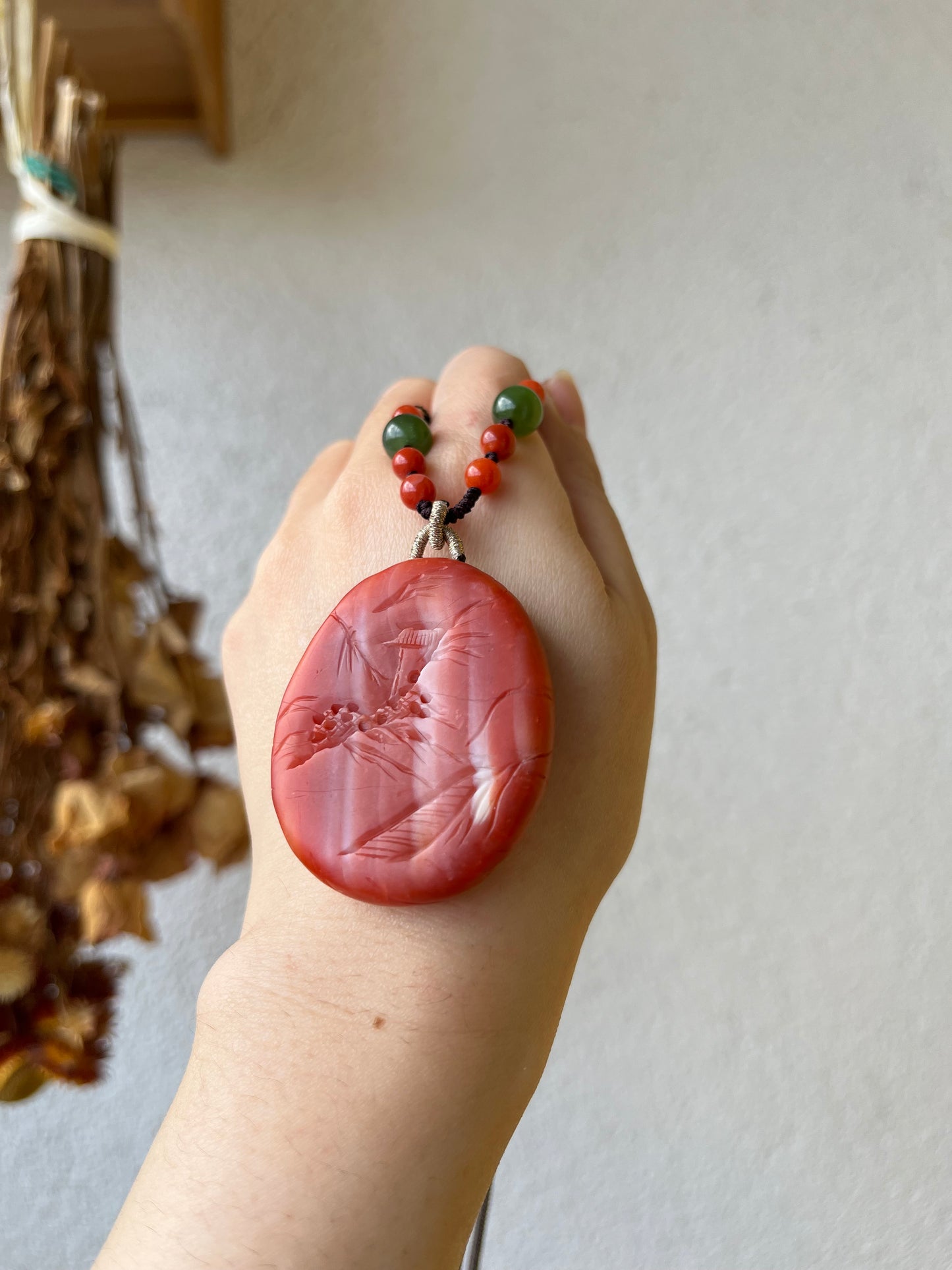 Handmade Necklace with a Hand Carved Nanhong Agate Landscape Pendant, 手雕南红山水