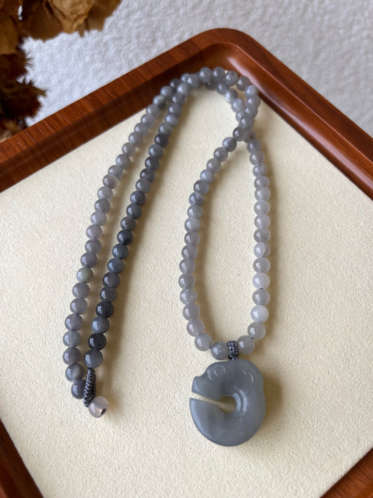 Necklace Crafted from Hetian Jade Smoky Purple Pig Dragon and 6mm Hetian Jade beads