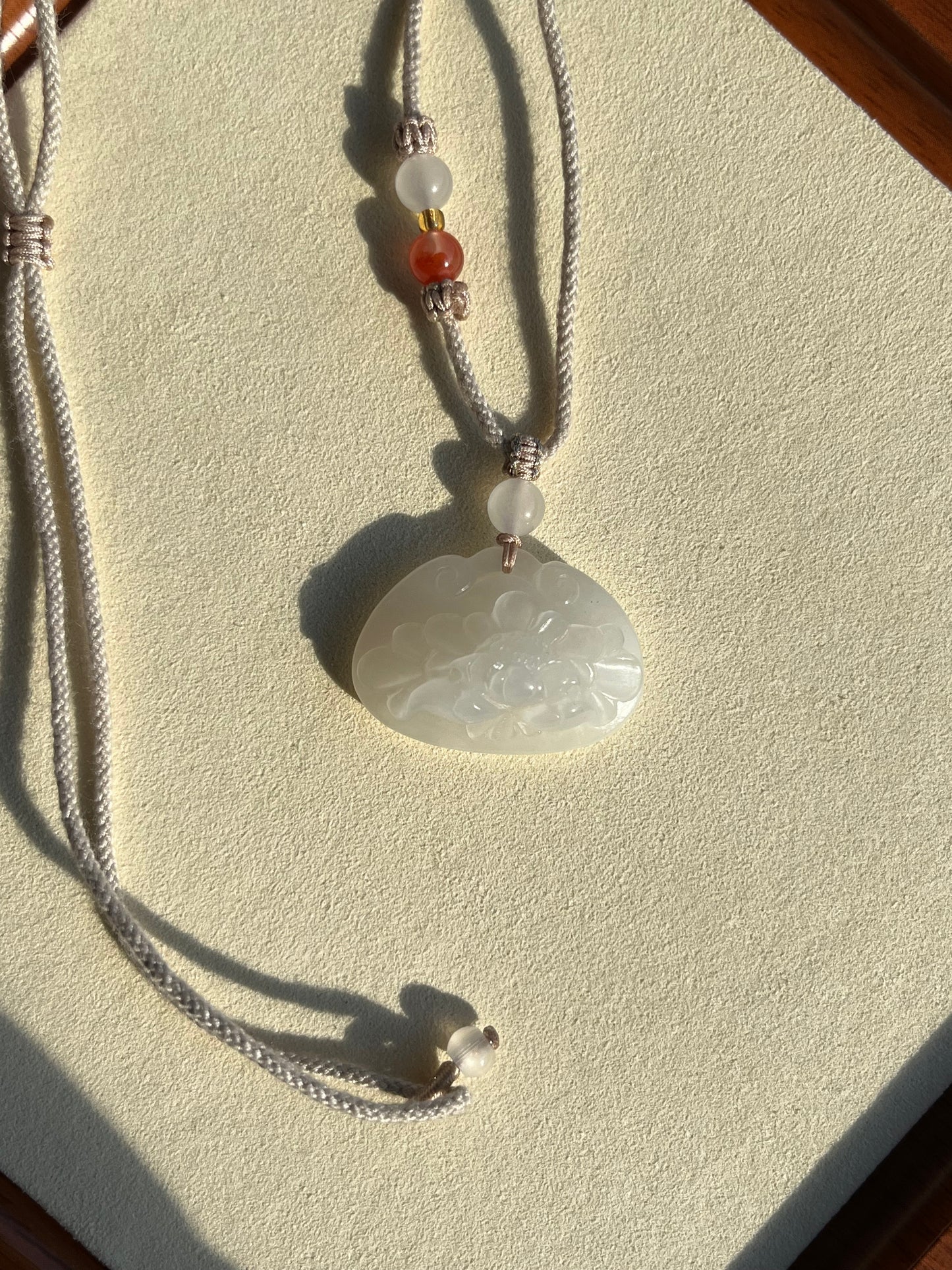 Hand Carved Hetian White Jade Peony Flower Ruyi Blessing Lock Pendant | 和田白玉牡丹如意锁