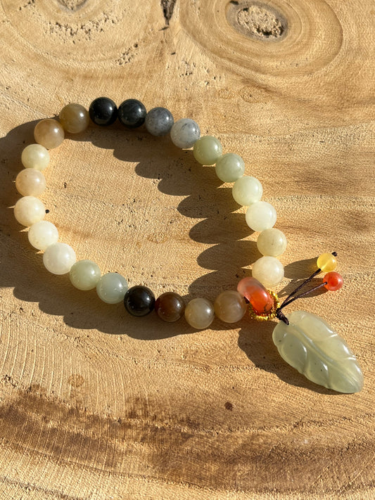 Autumn Vibes, Multi-color Hetian Jade Bracelet with 8mm Beads and a Jade Leaf, 和田楼兰三色手串