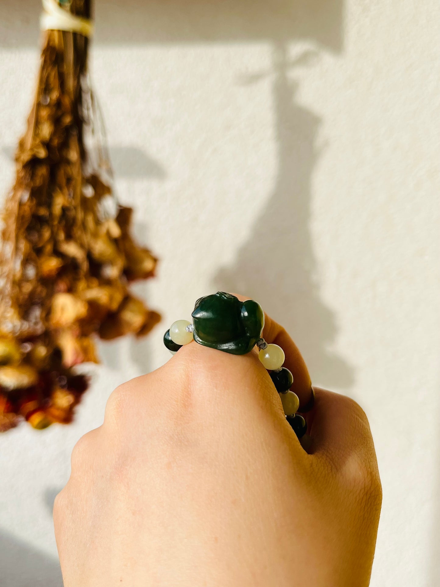 Handmade Bracelet with 6mm Green and Yellow Hetian Jade Beads and Hand Carved Green Hetian Jade Cat
