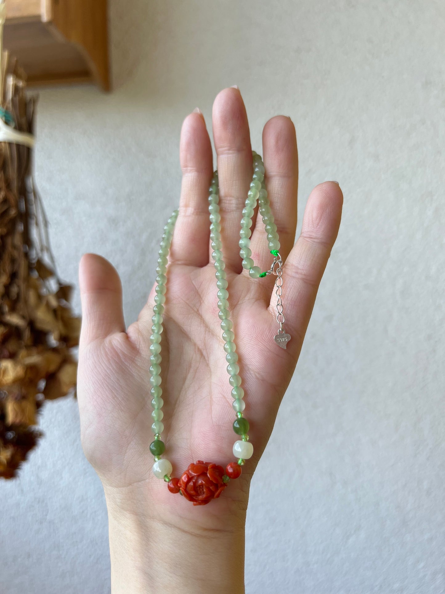 Handmade Necklace with 4mm Nephrite Beads and a Nanhong Agate Peony Flower, 和田冰晴水南红牡丹项链