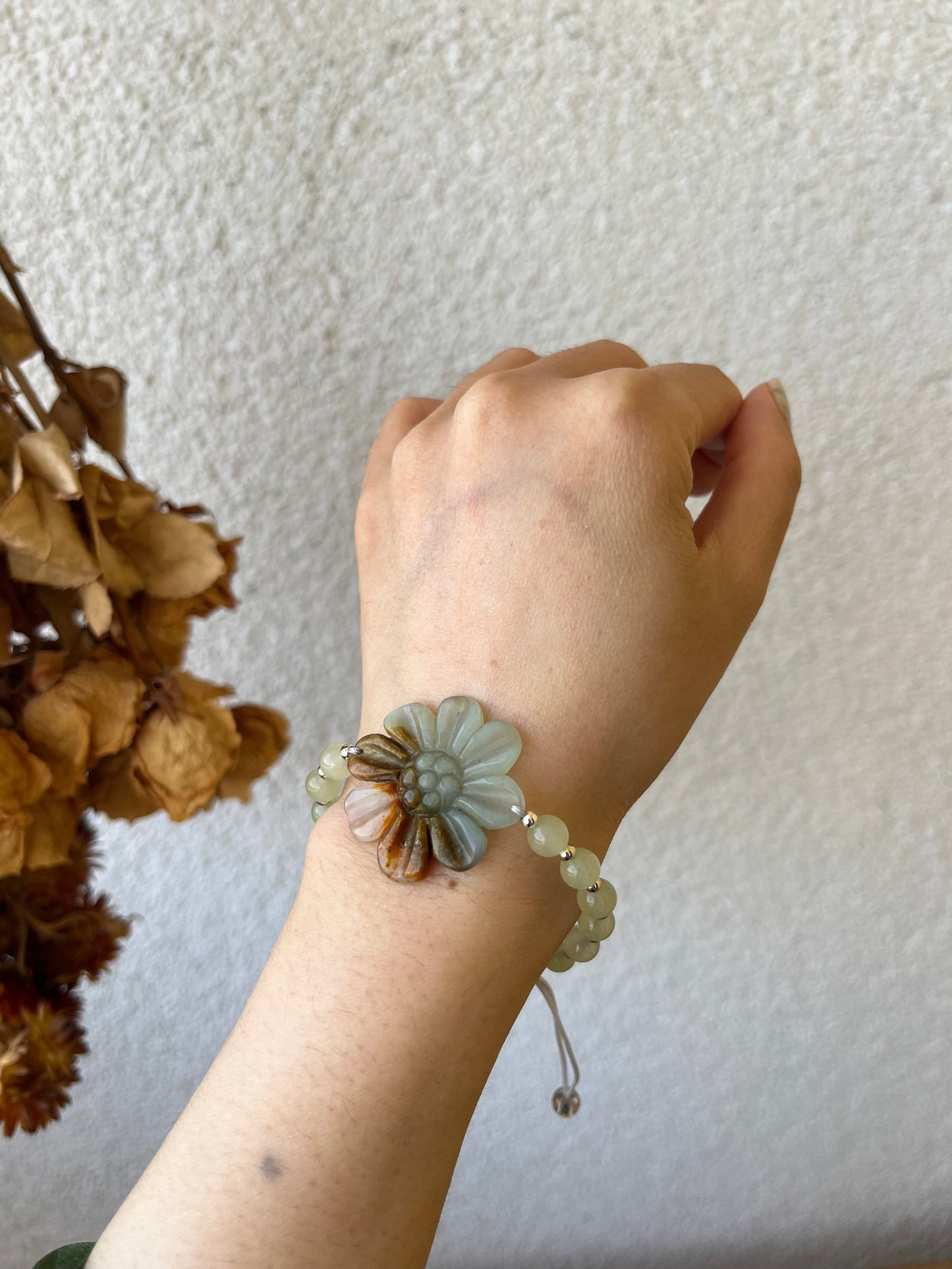 Bracelet Crafted from Hand Carved Xiu Jade Daisy