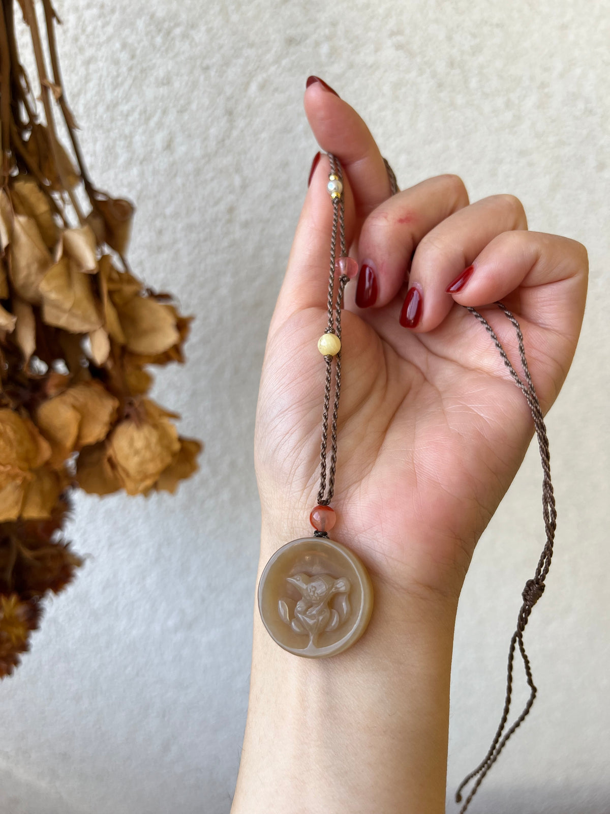 Hand Carved Brown Hetian Jade Lotus and Magpie Pendant