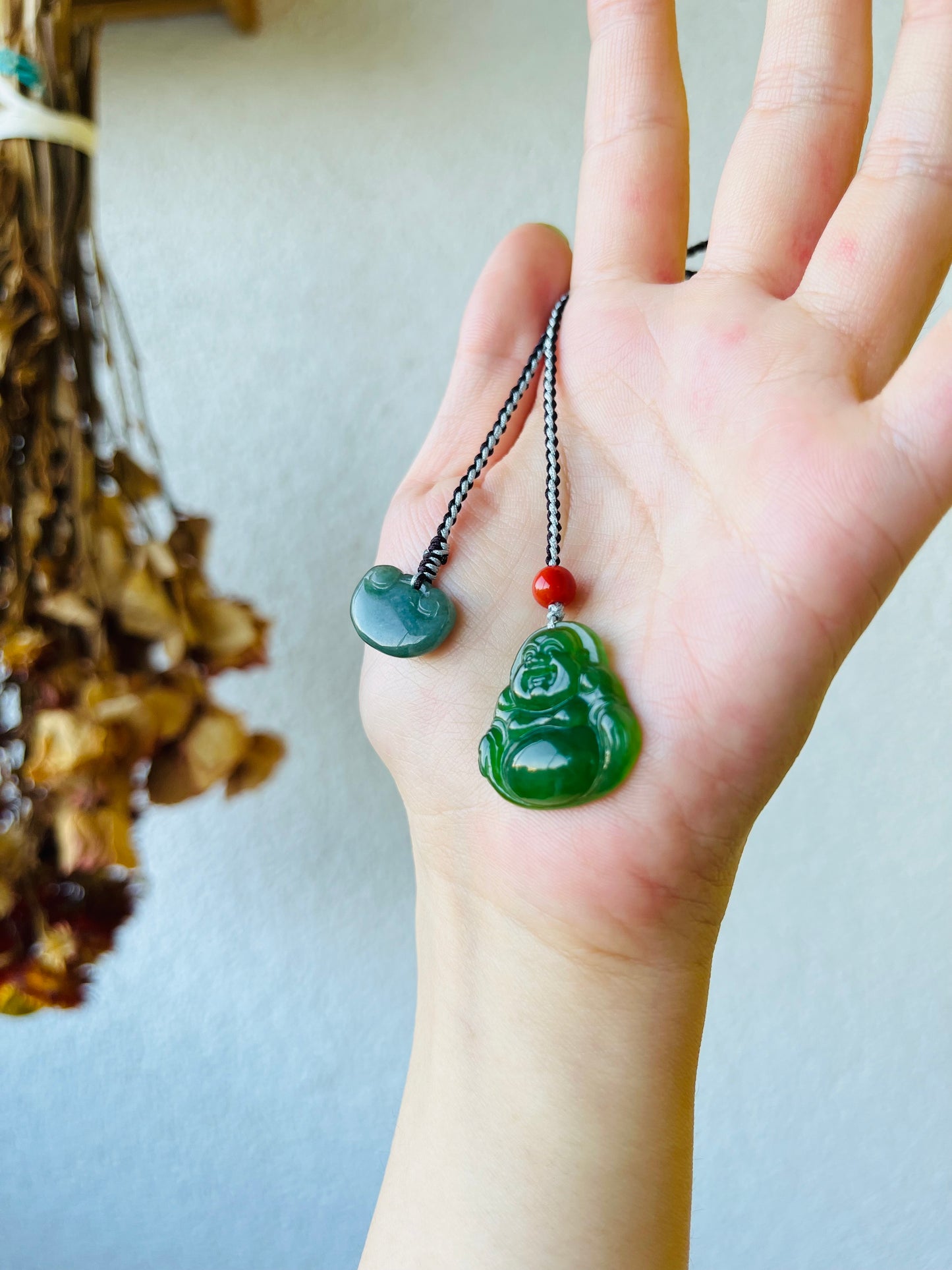 Handmade Green Hetian Jade Maitreya Buddha Bag Charm, 无黑点碧玉佛公包挂