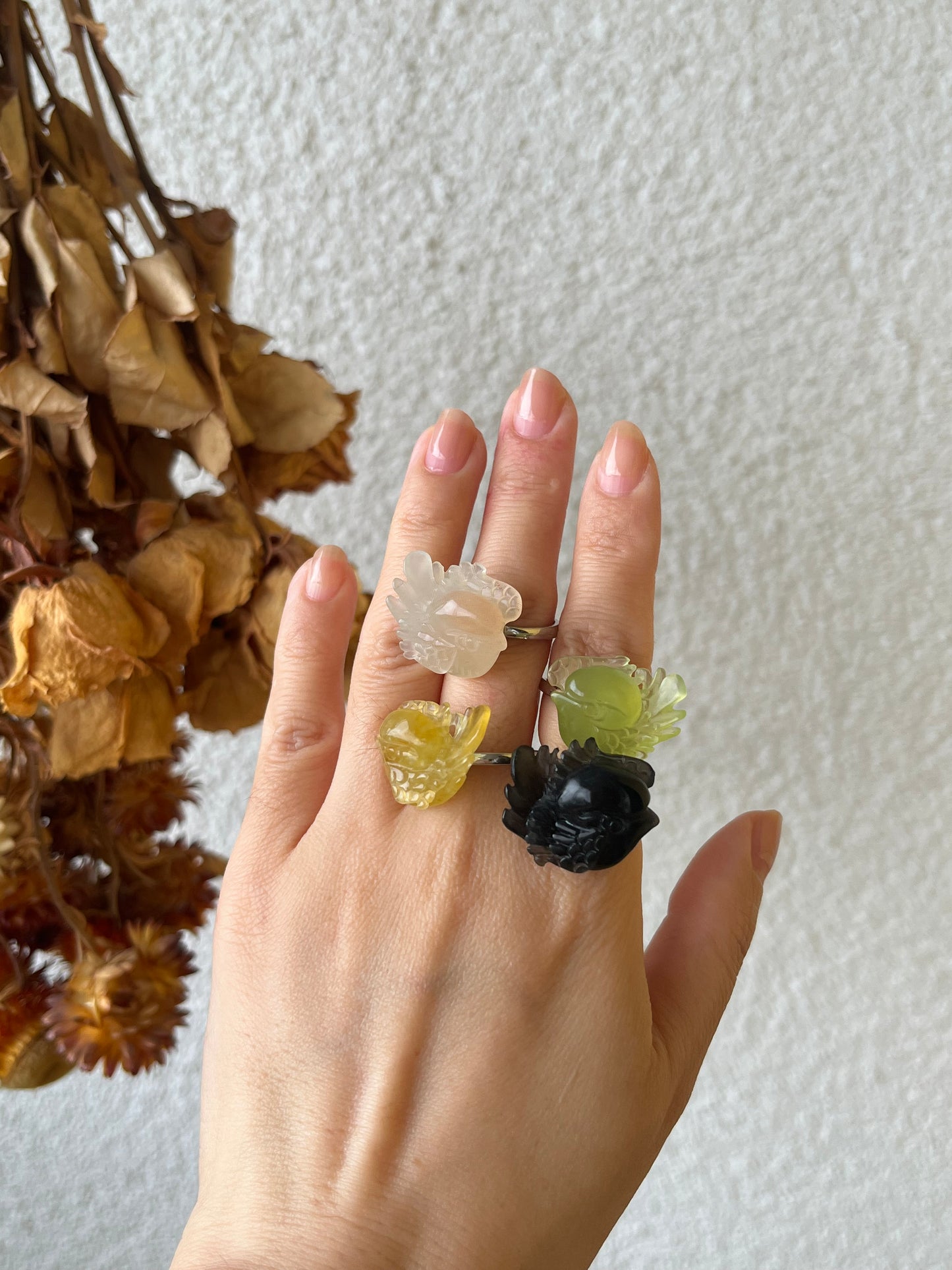 Hand Carved Xiu Jade Magpie Rings