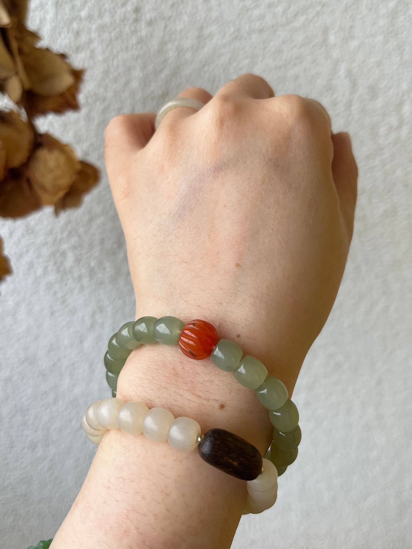 Straight Cut Hetian Jade Beaded Bracelet 8mm x 7mm | 和田晴水直切手串
