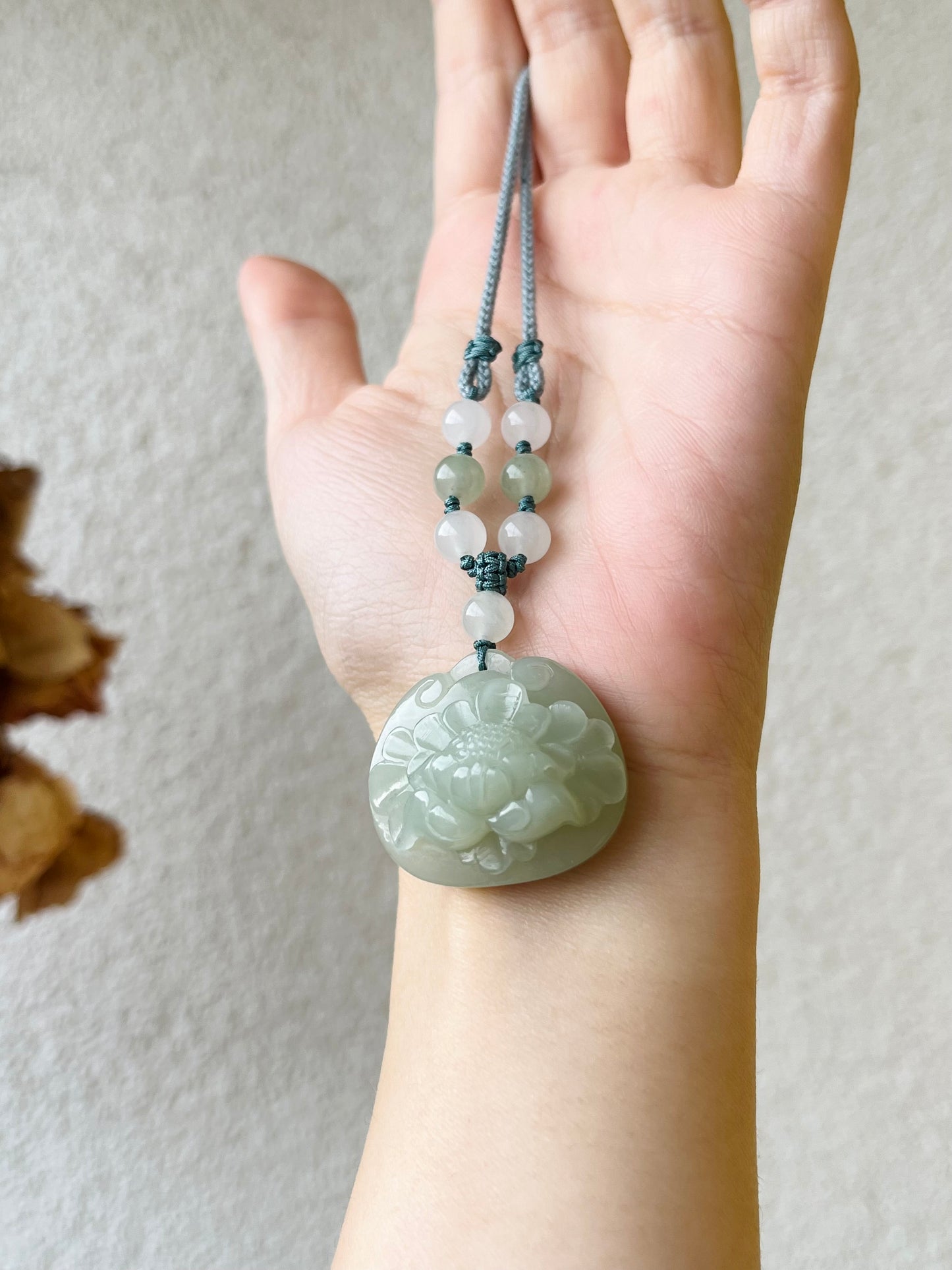 Hand Carved Hetian Jade Peony Flower Ruyi Blessing Lock Pendant, 和田且末奶蓝手雕牡丹如意锁吊坠