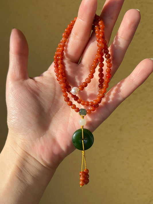 Multi-Function Three Loop Southern Red Agate Beaded Bracelet with a Green Hetian Jade PI pendant (ping an kou), 南红多圈手串加碧玉平安扣