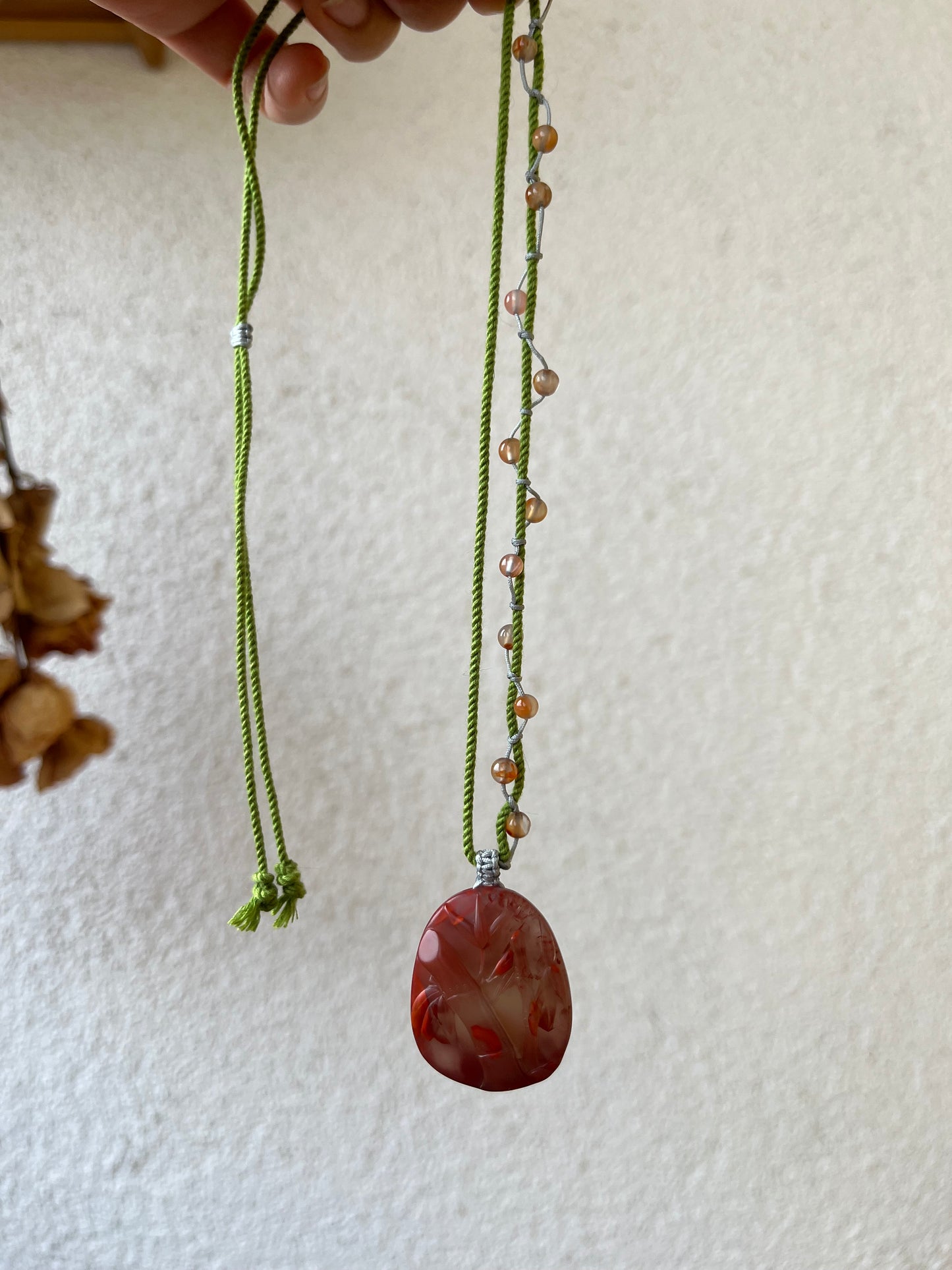 Handmade Necklace with a Hand Carved Nanhong Agate Bamboo Pendant, 手雕南红竹节