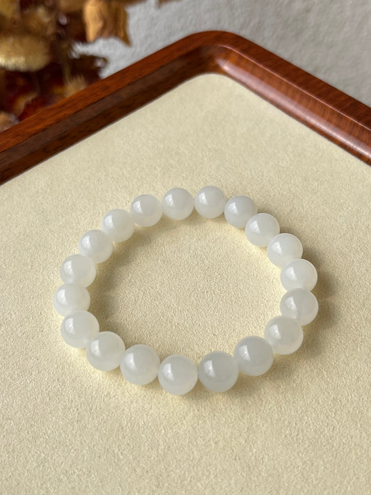 White Hetian Jade Beaded Bracelet 10mm | 青海和田白玉手串
