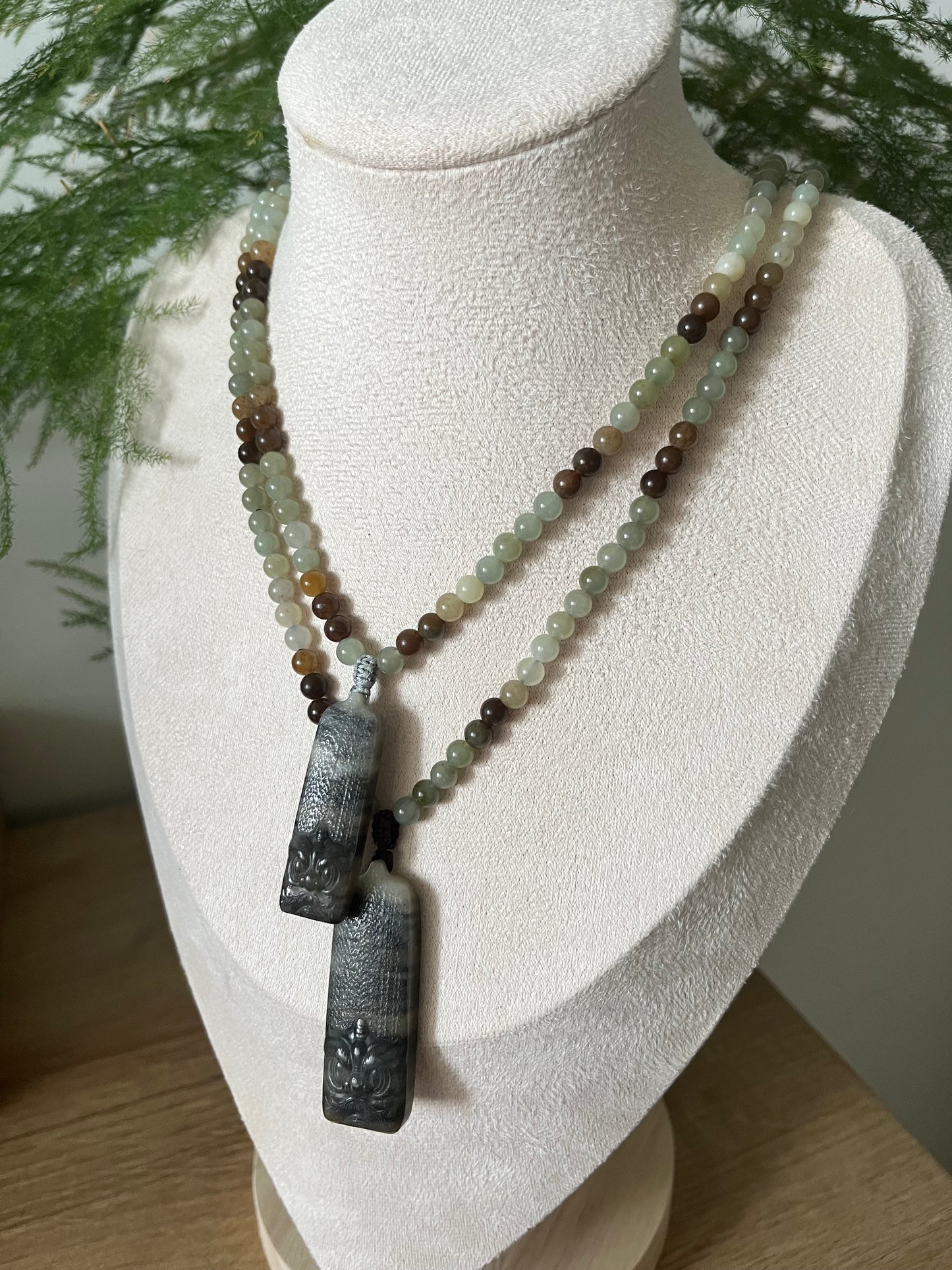 Qinghua Hetian Jade Beast Face Set | 和田青花兽面套链